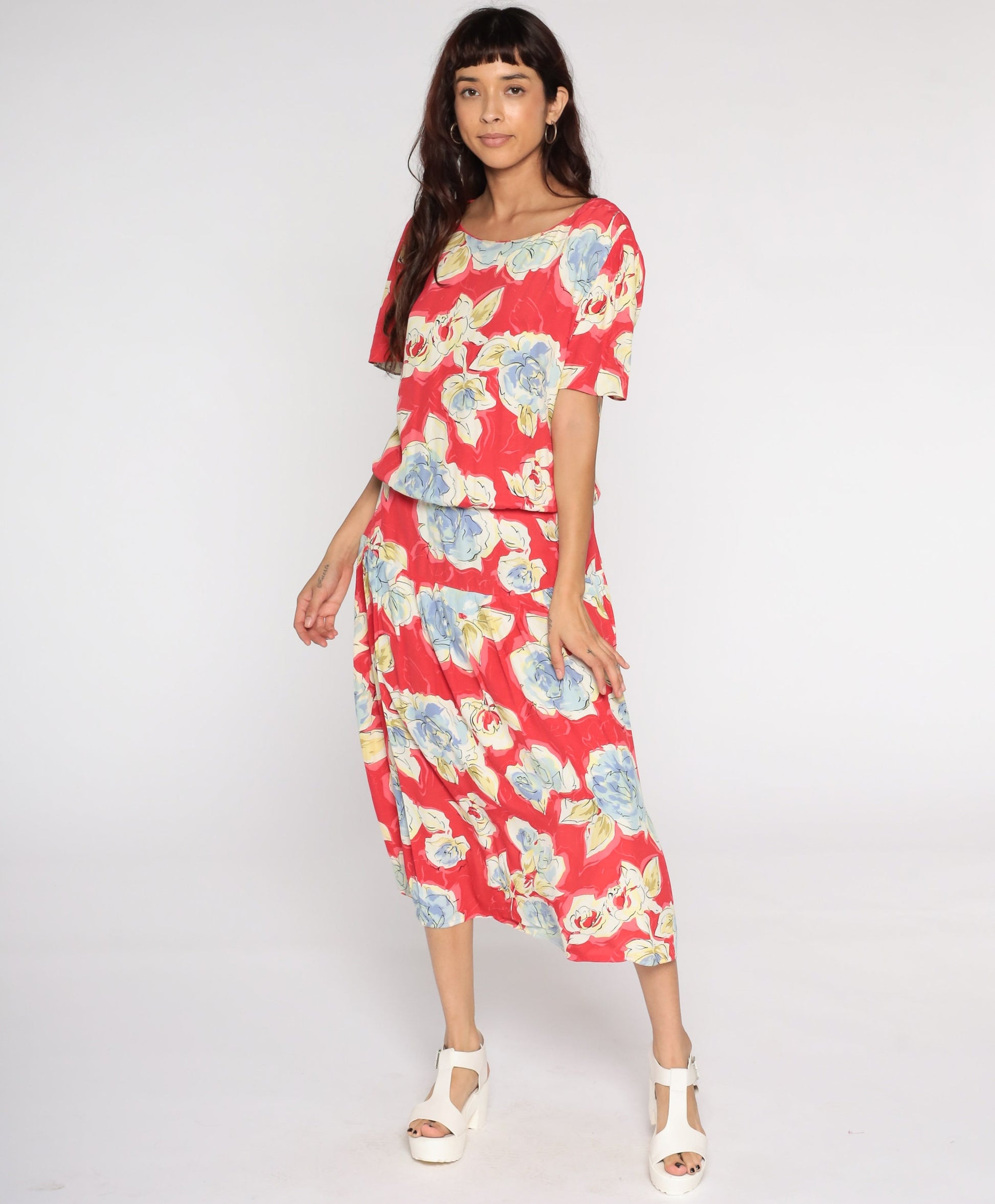 90s Red Floral Midi Dress Button Back Short Sleeve Vintage Medium