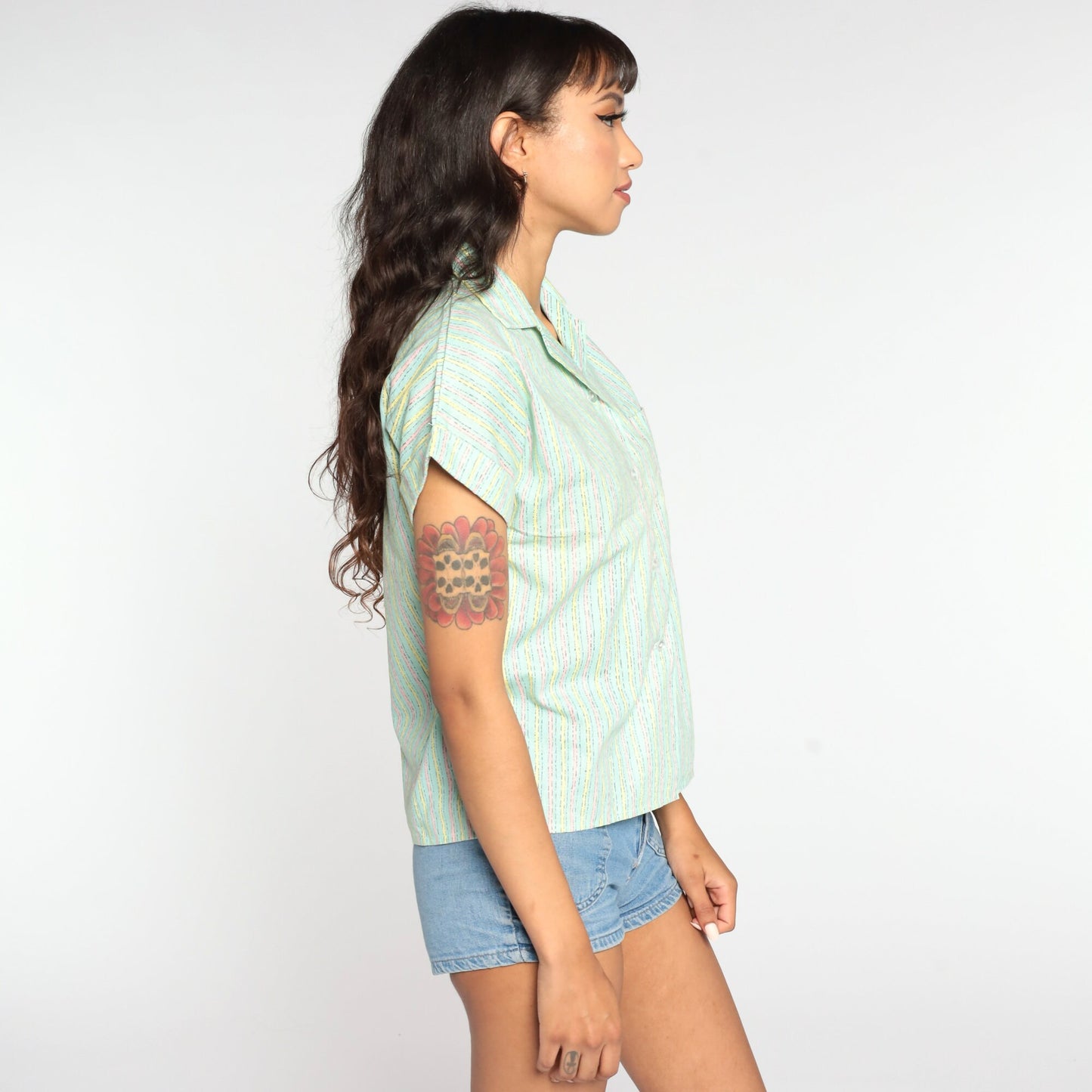 80s Green Striped Cotton Blend Button-Up Blouse Short Sleeve Small S