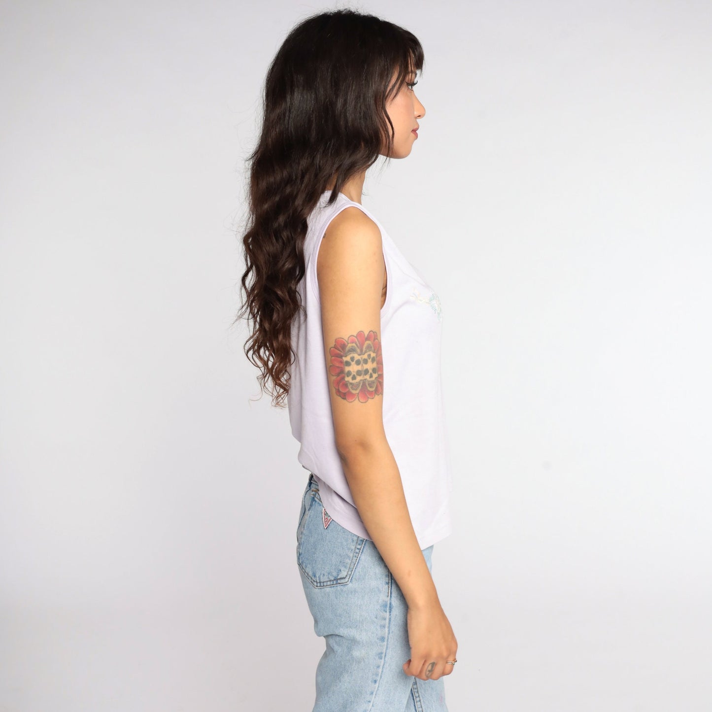 80s Floral Tank Top Lavender Purple Henley Sleeveless Shirt Large