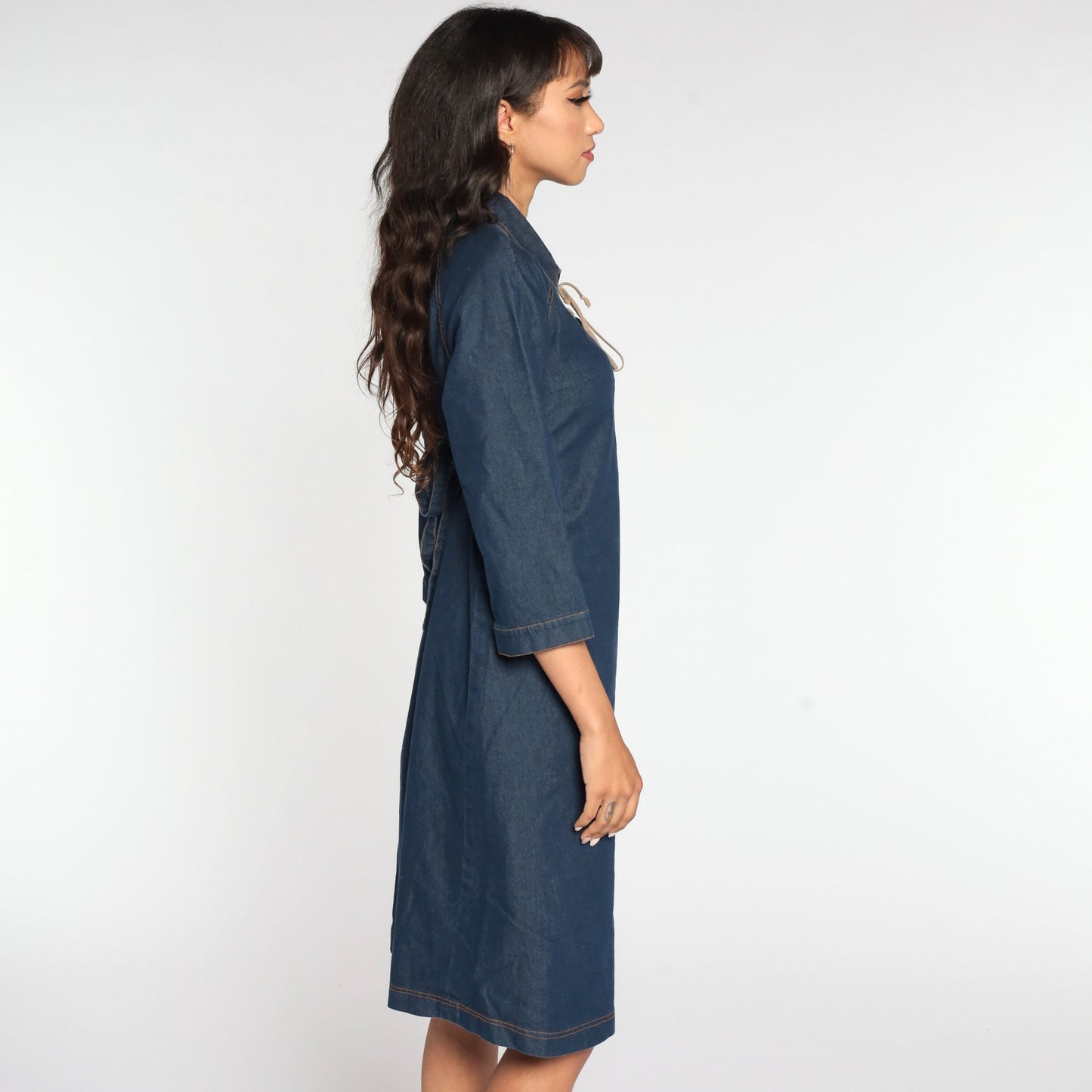 90s Blue Denim Midi Dress Lace-Up Neckline Shift Cut Medium