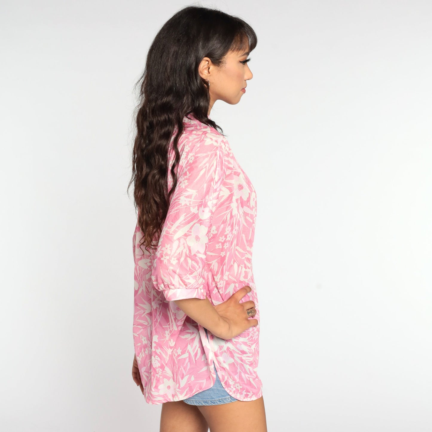 70s Sheer Floral Button-Up Blouse Pink White Three-Quarter Sleeve Medium Large
