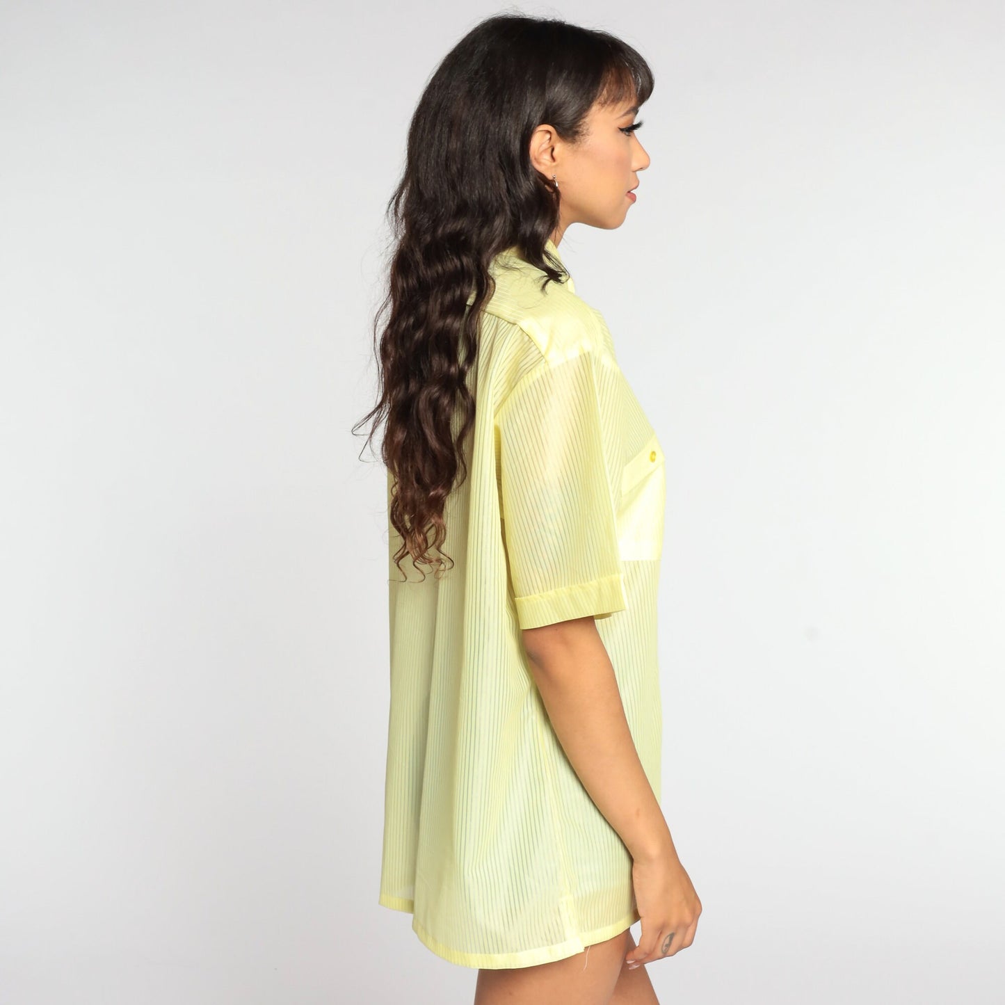 70s Idle Time Striped Button-Up Shirt Yellow Sheer Short Sleeve Large L
