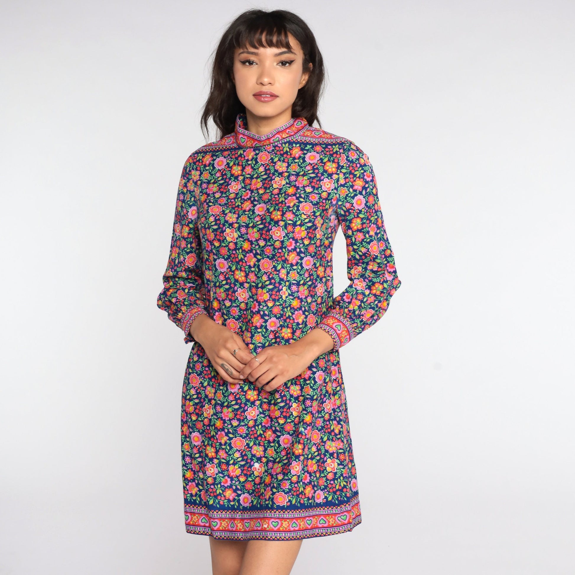 60s Psychedelic Floral Mini Shift Dress Balloon Sleeve Blue Purple Small
