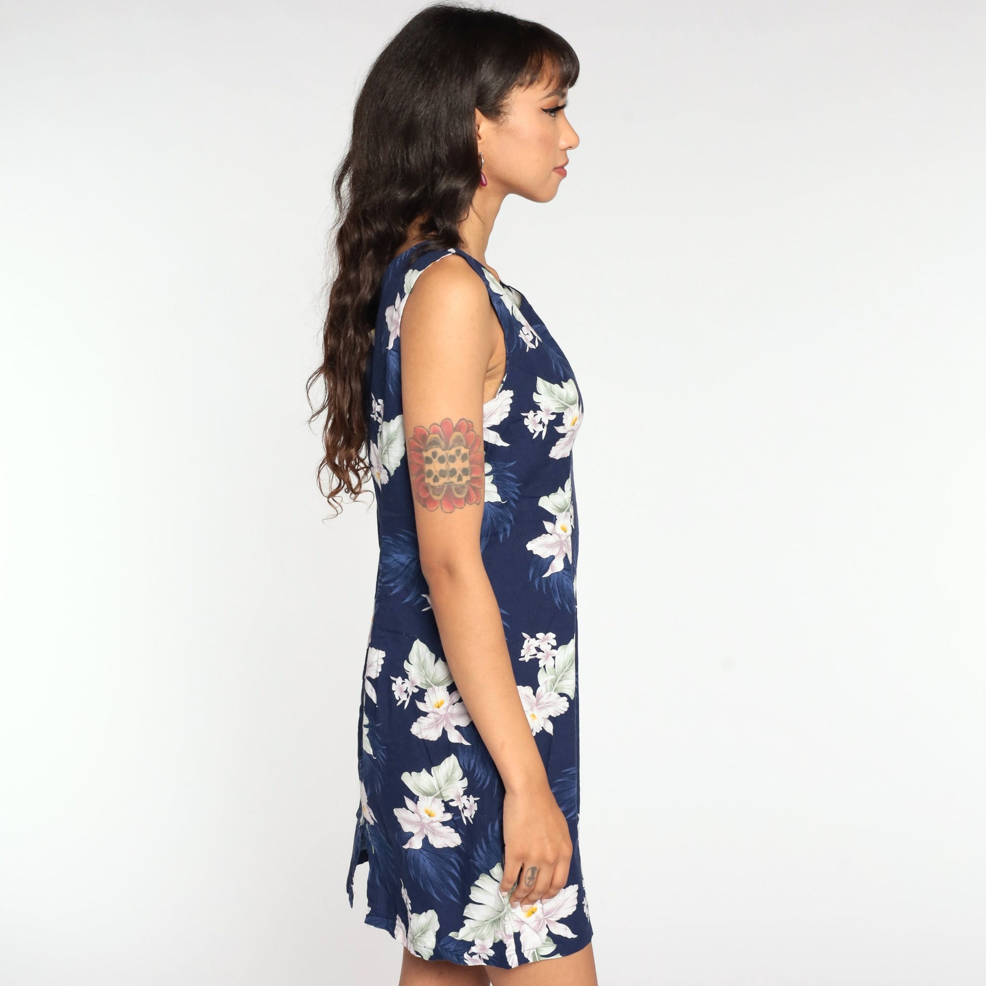 90s Blue Hawaiian Floral Mini Dress Cotton Sundress Small