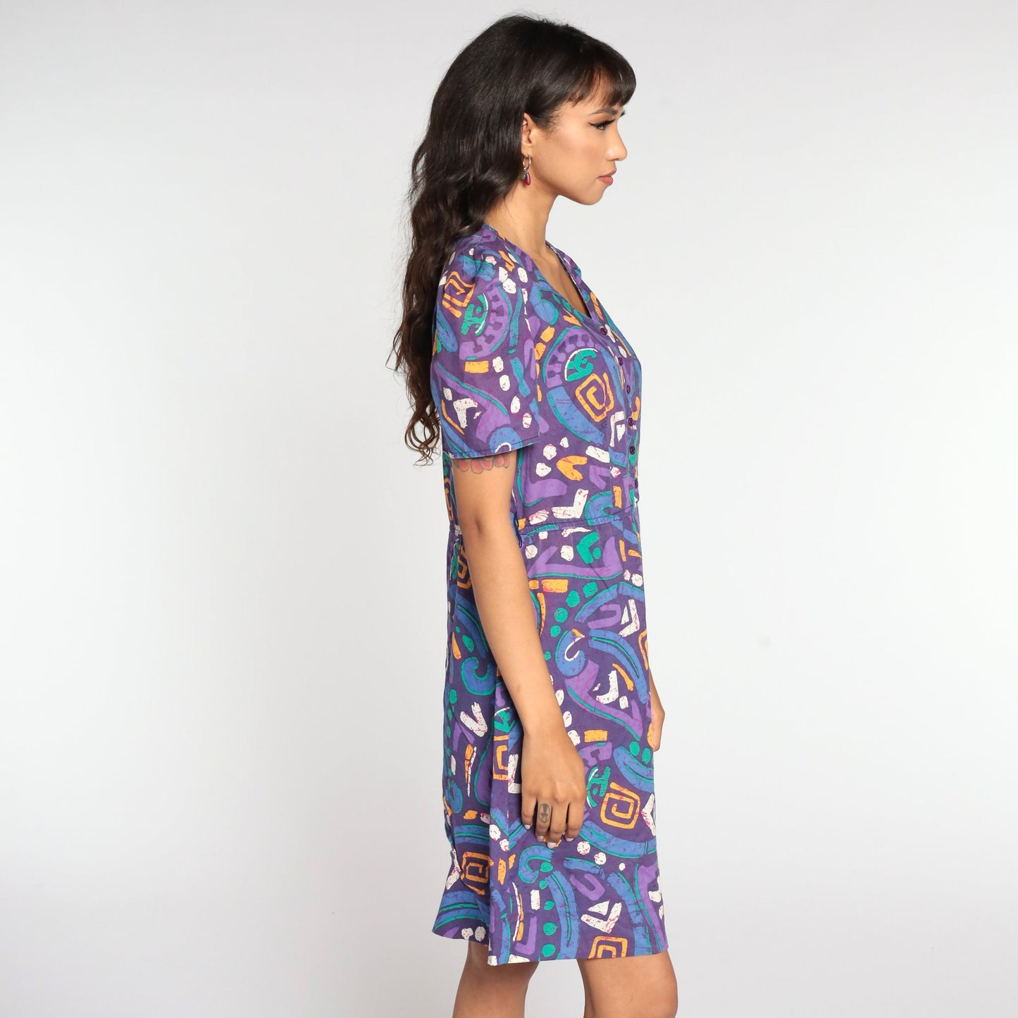 80s Tabby of California Purple Geometric Mini Dress Puff Sleeve Button Up Small