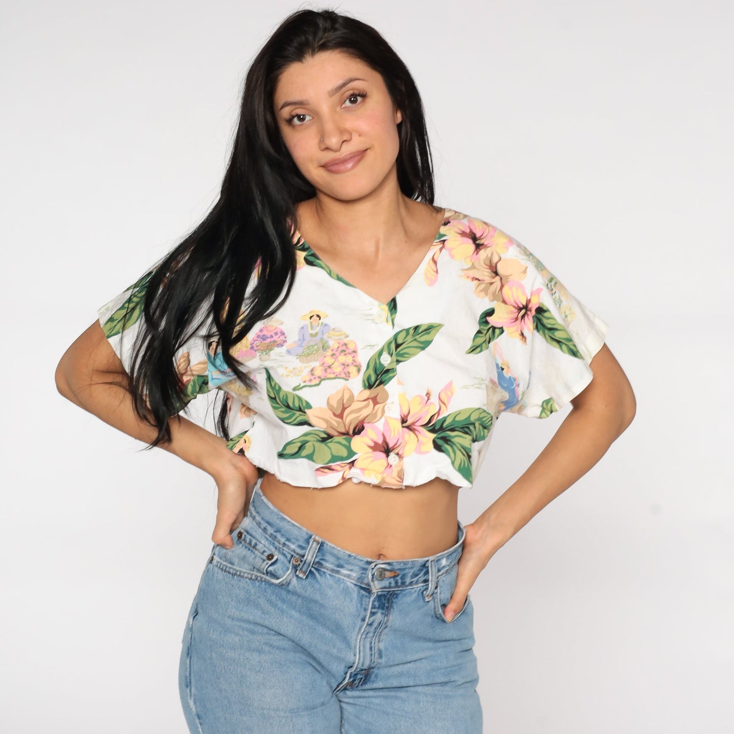 80s Polynesian Woman Tropical Crop Top Button-Up Blouse White Medium Large