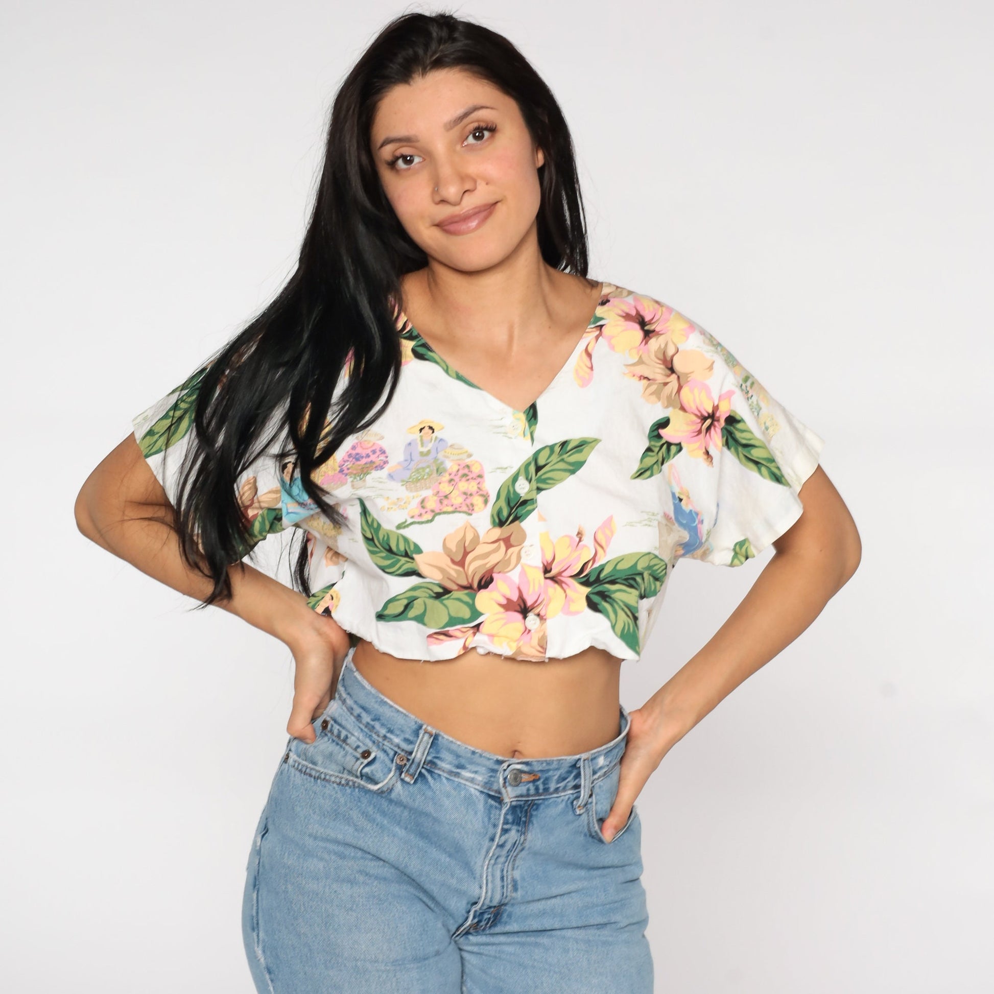 80s Polynesian Woman Tropical Crop Top Button-Up Blouse White Medium Large