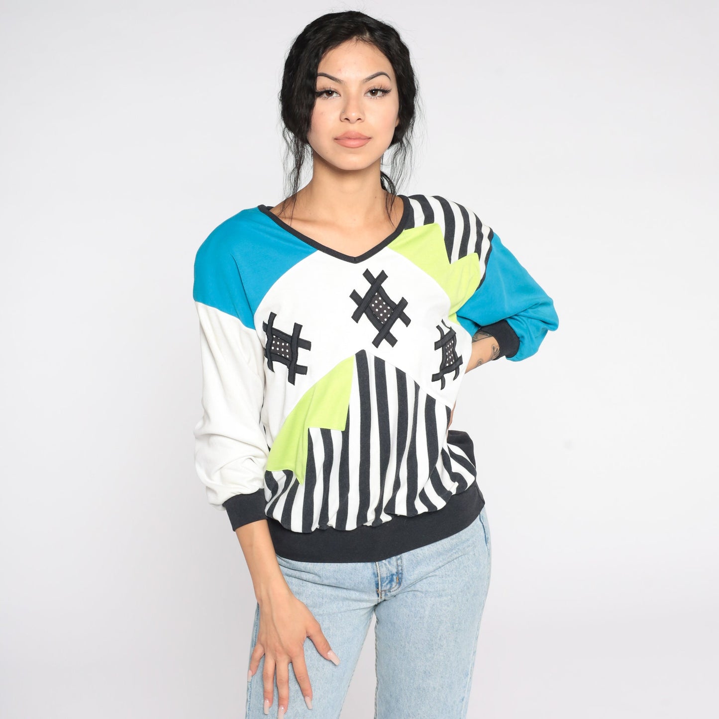 80s Colour Block Striped Sweatshirt Blue Green Crewneck Pullover Small