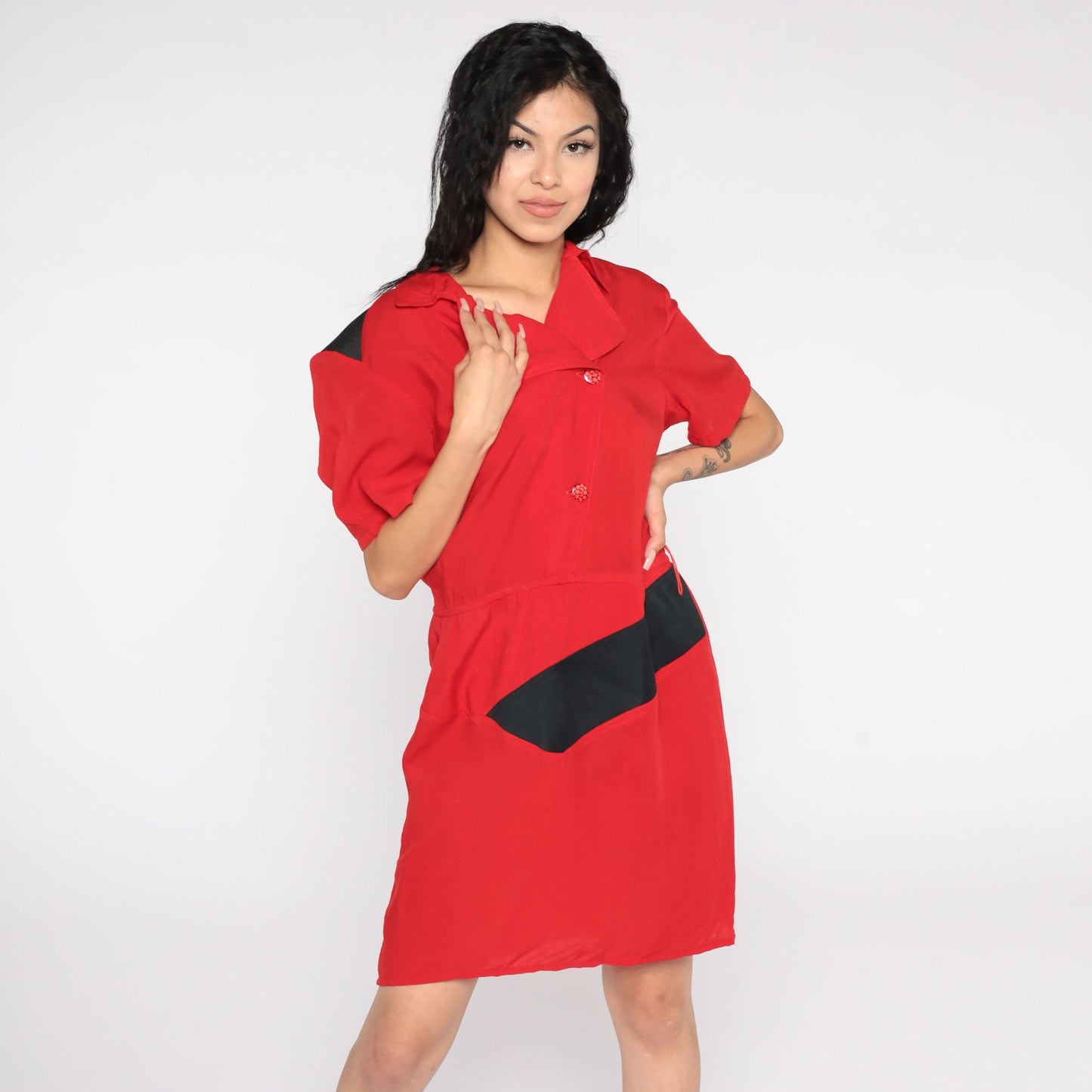 80s Red Mini Sheath Dress Button-Up V-Neck Short Sleeve Medium Large