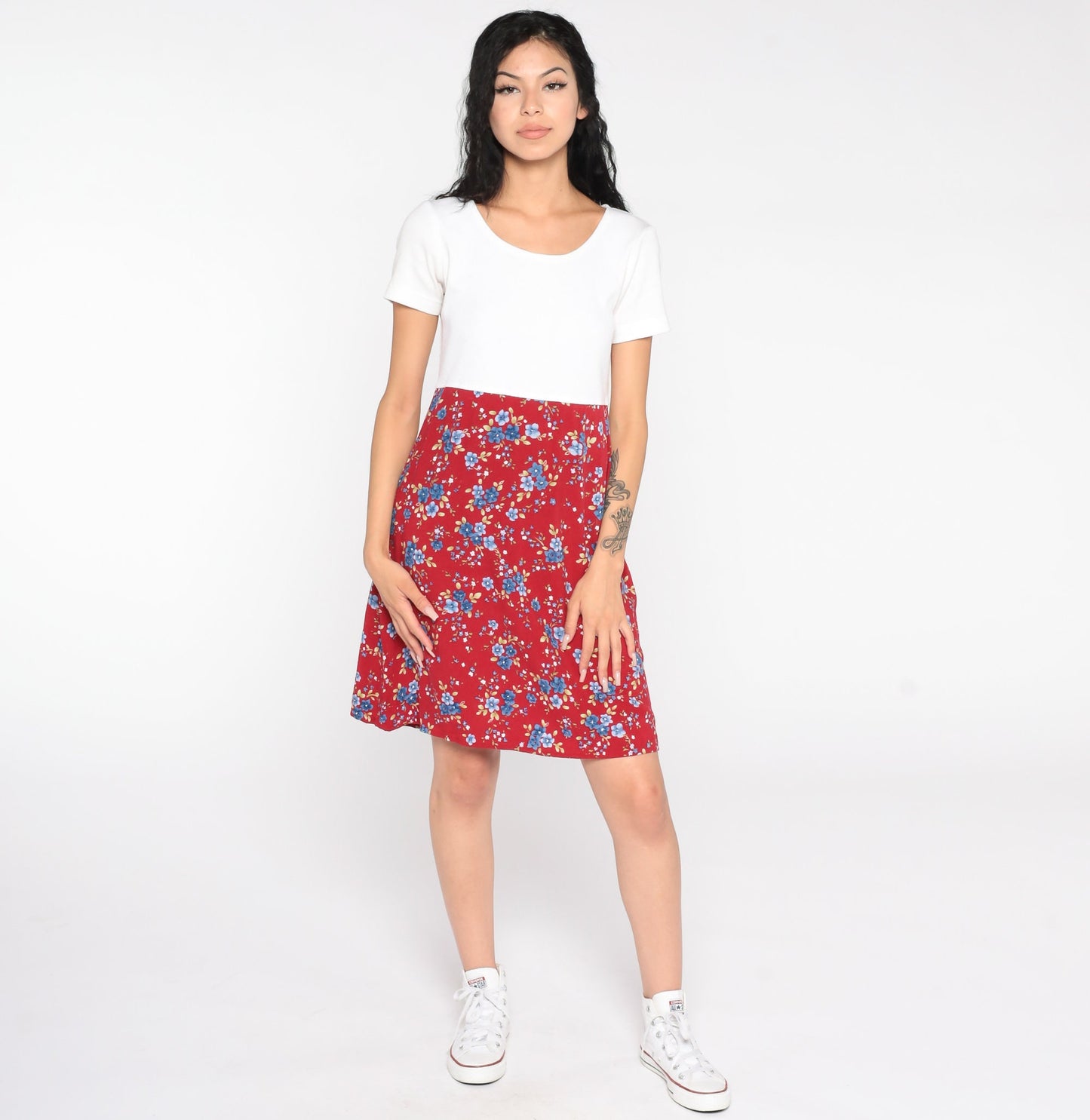 90s Bobbie Brooks Floral Mini Dress Red White High Waist Small