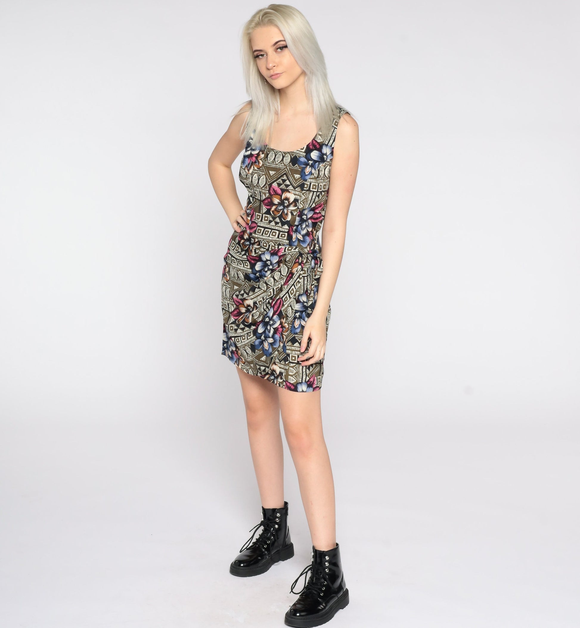 90s Rampage Floral Mini Dress Tropical Flower Print Shift Wrap Skirt Small