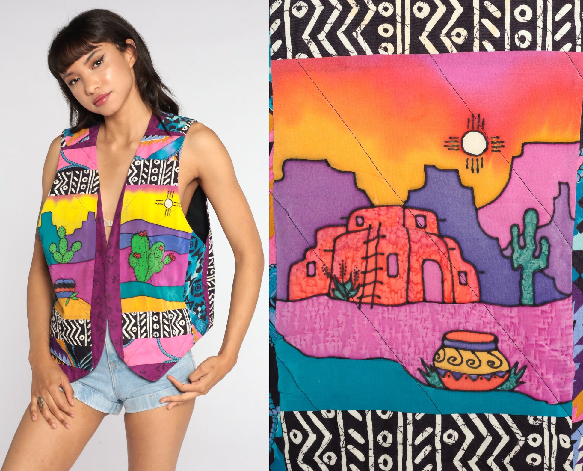 90s Southwestern Cactus Desert Print Vest Small Medium