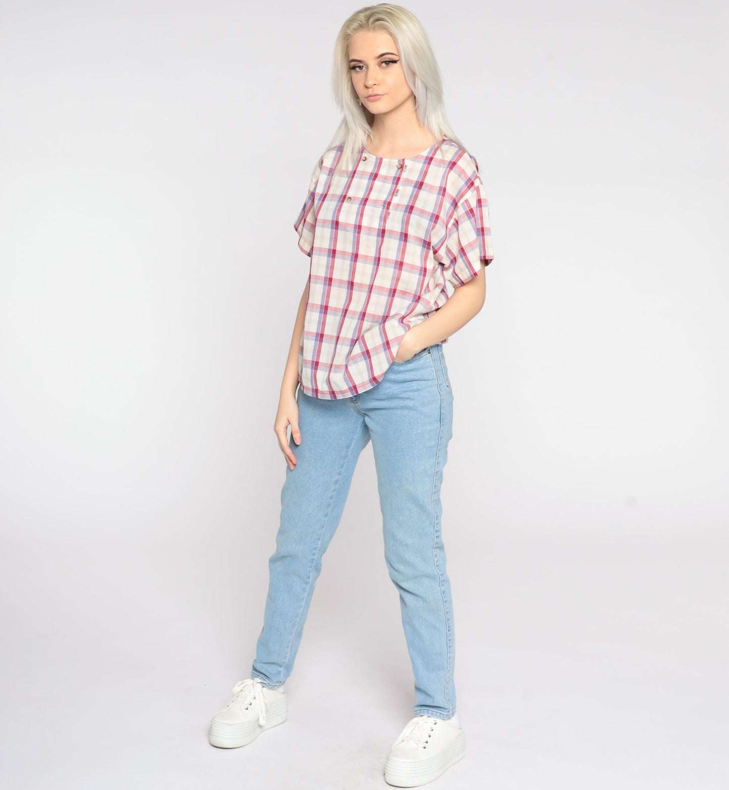 80s Koret Plaid Button-Up Blouse White Pink Cap Sleeve Medium