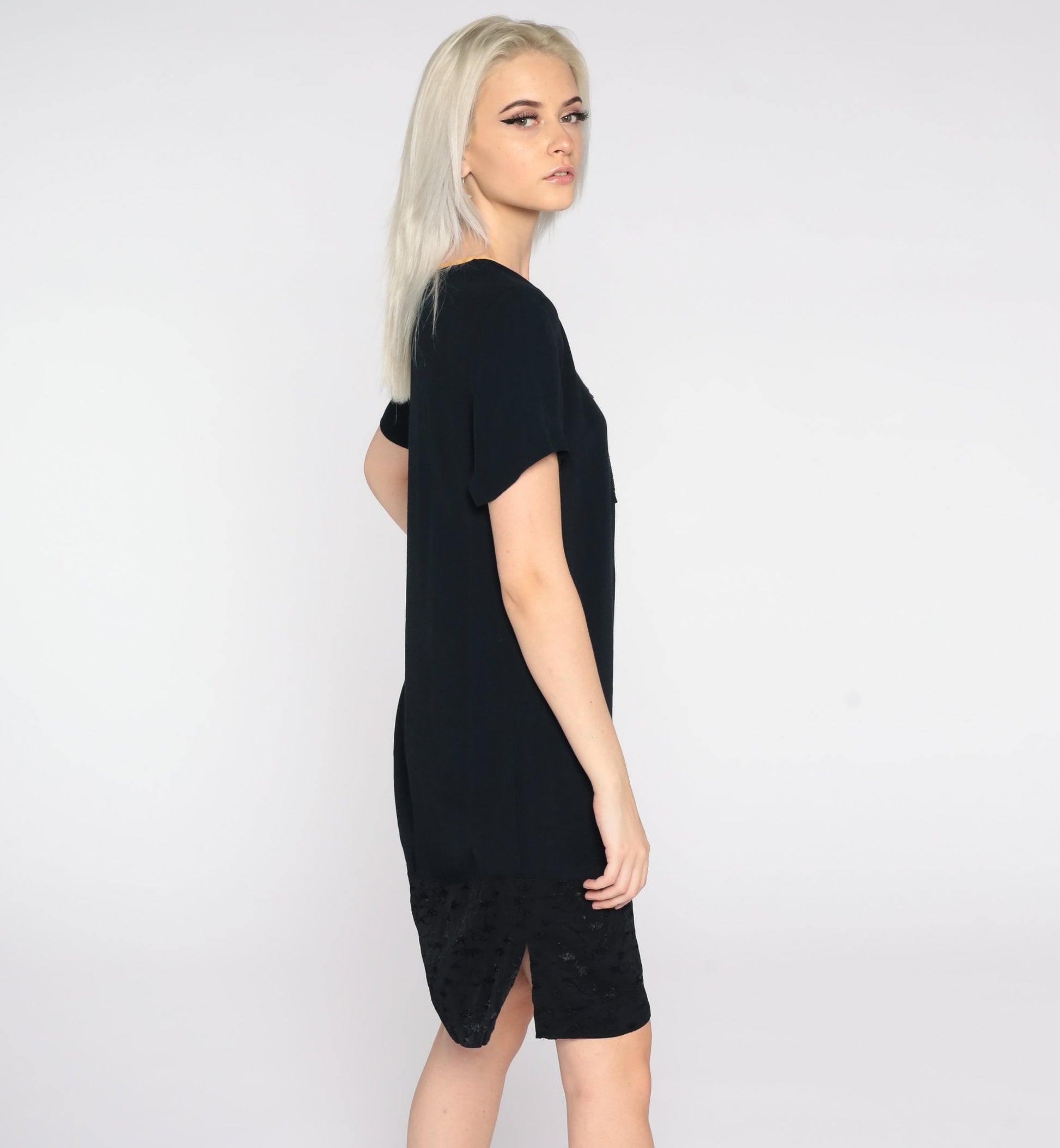 90s Black Mini Shift Dress Floral Embroidery Short Sleeve Small S