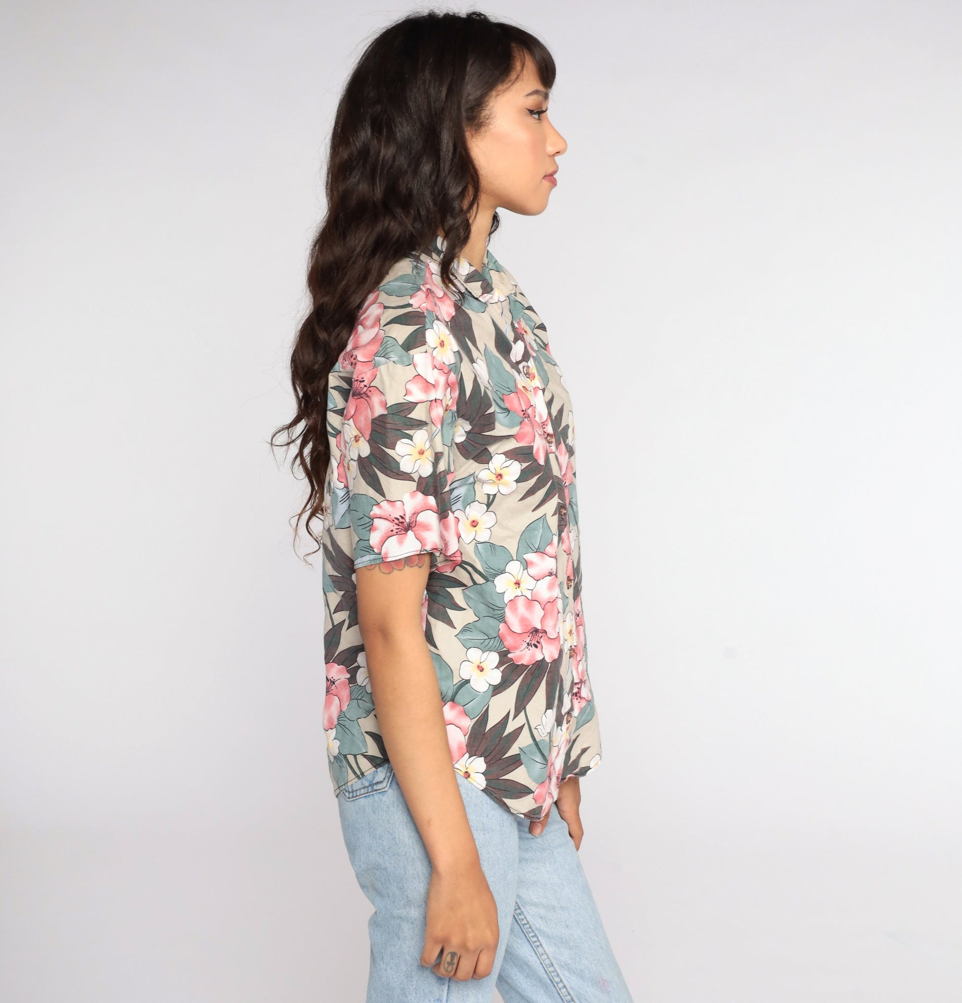 80s Tropical Floral Button-Up Shirt Taupe Flower Print Medium