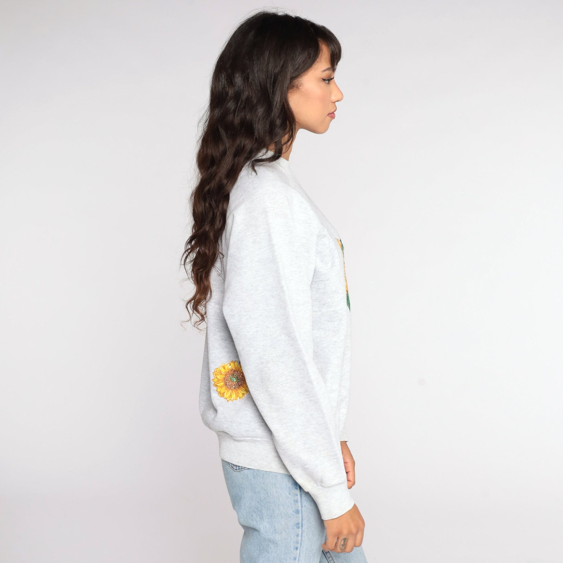 90s Sunflower Sweatshirt Grey Floral Raglan Graphic Pullover Large L