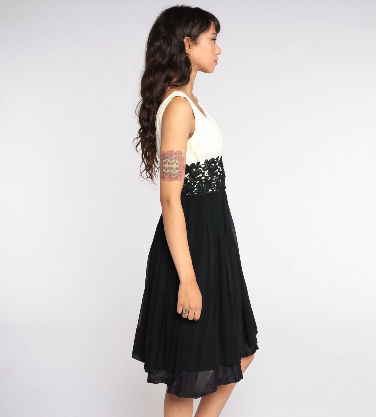 1960s Suzy Perette Black Chiffon Lace Cocktail Dress Off-White Bodice Extra Small