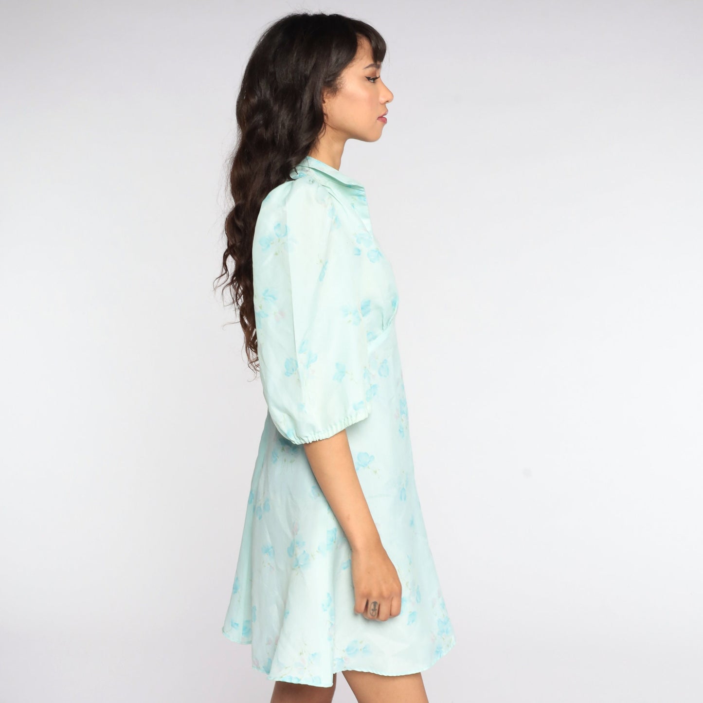 70s Floral Babydoll Dress Puff Sleeve Empire Waist Mini Blue Small