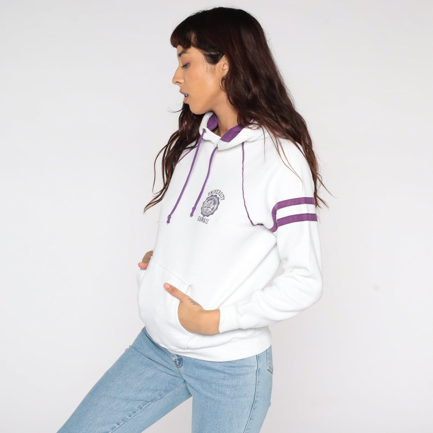 80s University of Hawaii Hoodie Sweatshirt White Graphic Medium