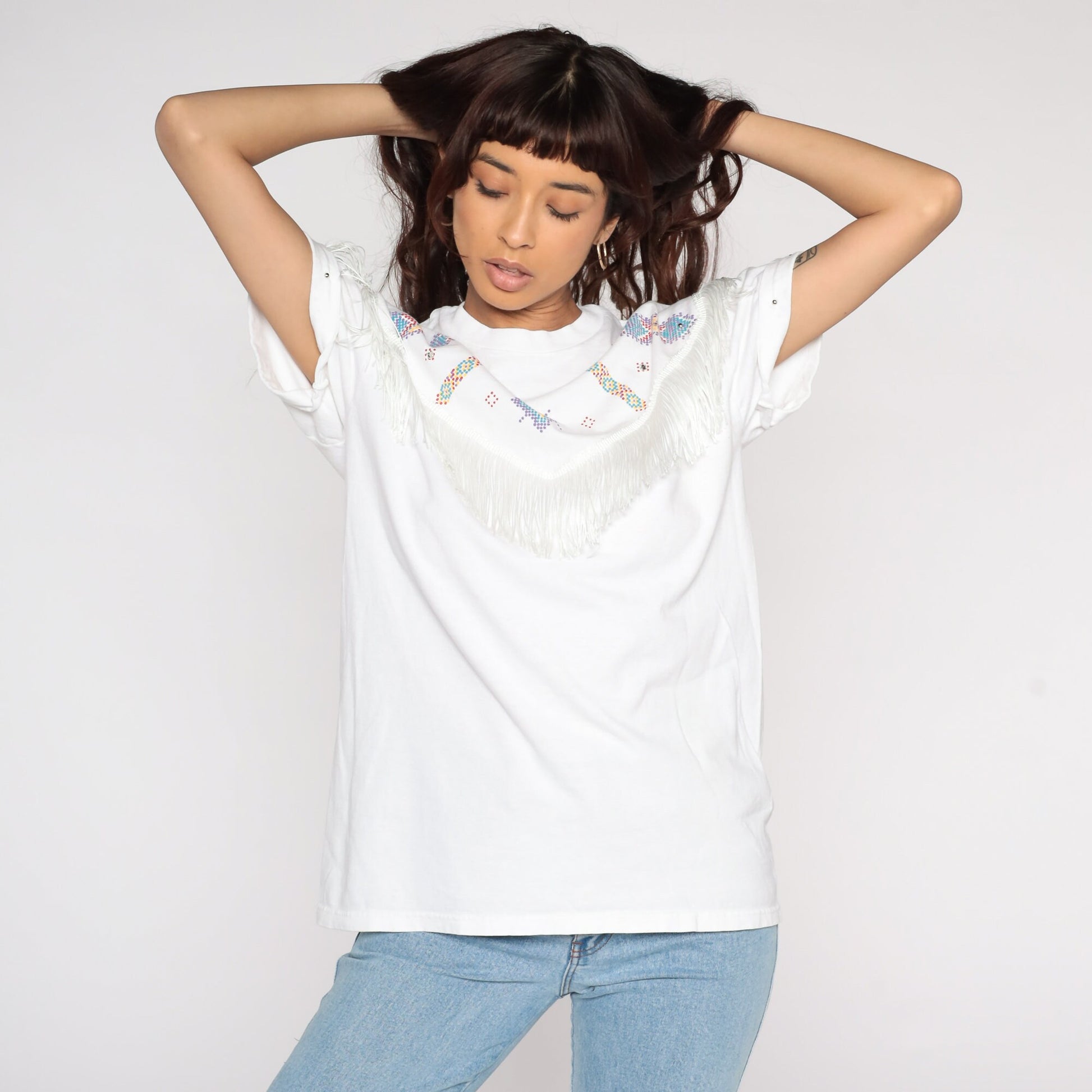 90s Southwest Studded Fringe Cotton T-Shirt White Graphic Tee Medium