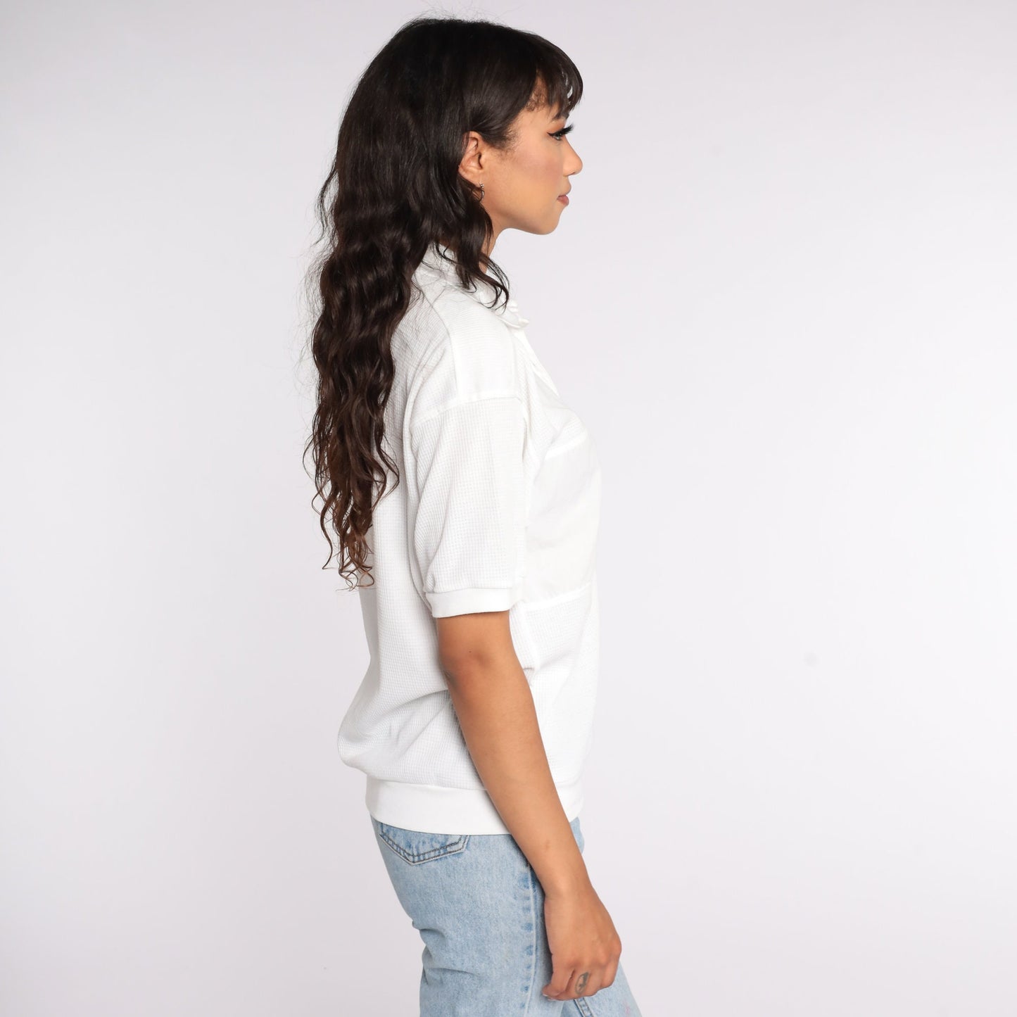 80s White Button Neck Short Sleeve Shirt Cotton Blend Small S
