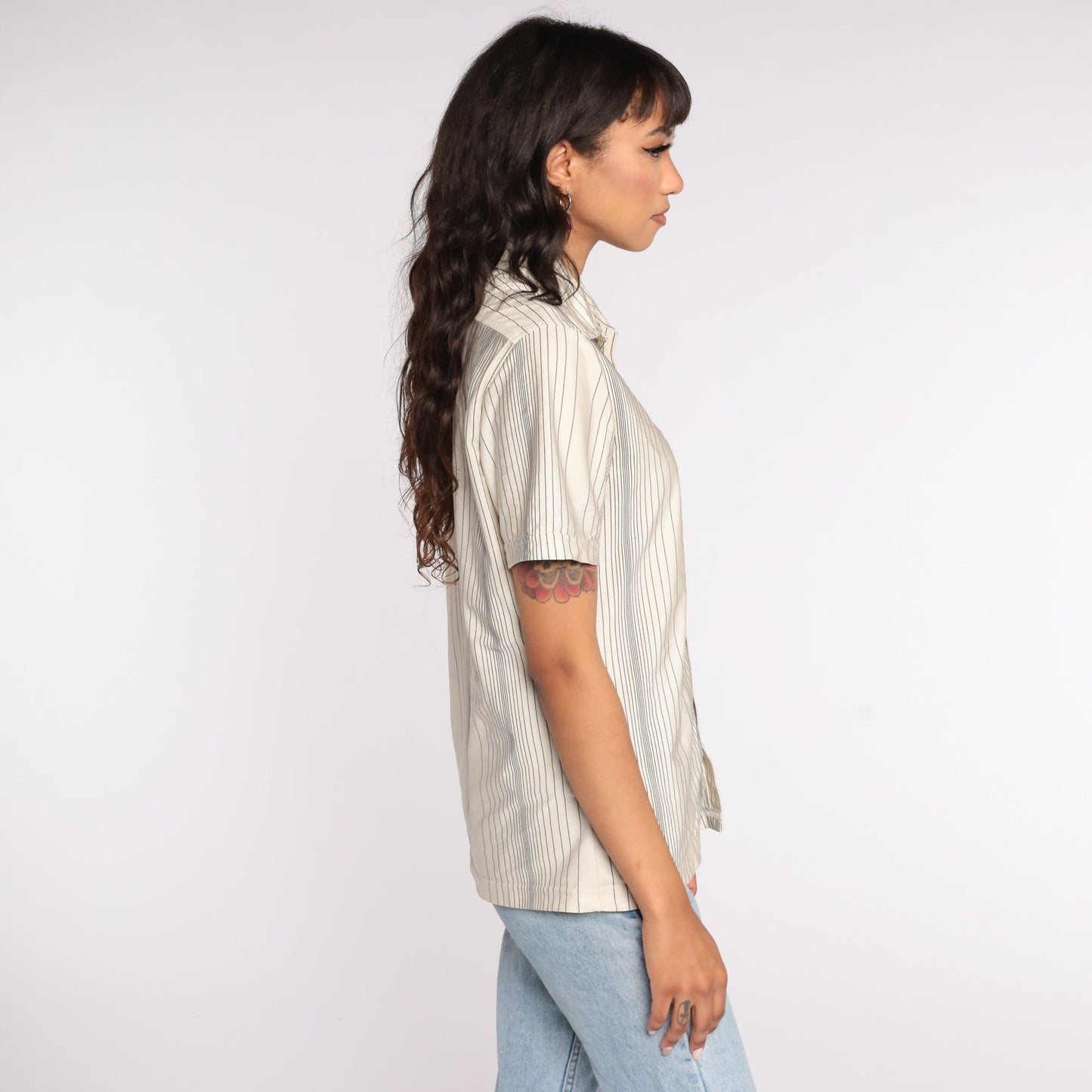 70s Off-White Striped Button-Up Shirt Short Sleeve Collared Top Medium