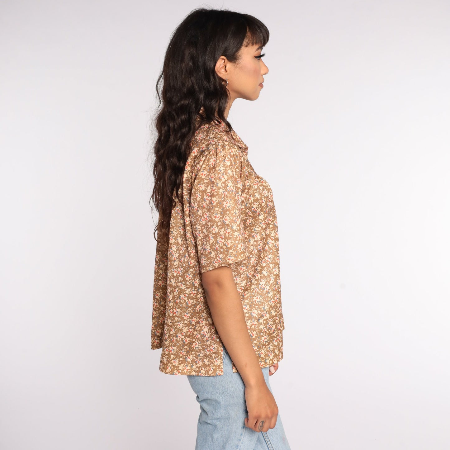 70s Brown Floral Button-Up Shirt Short Sleeve Blouse Large L