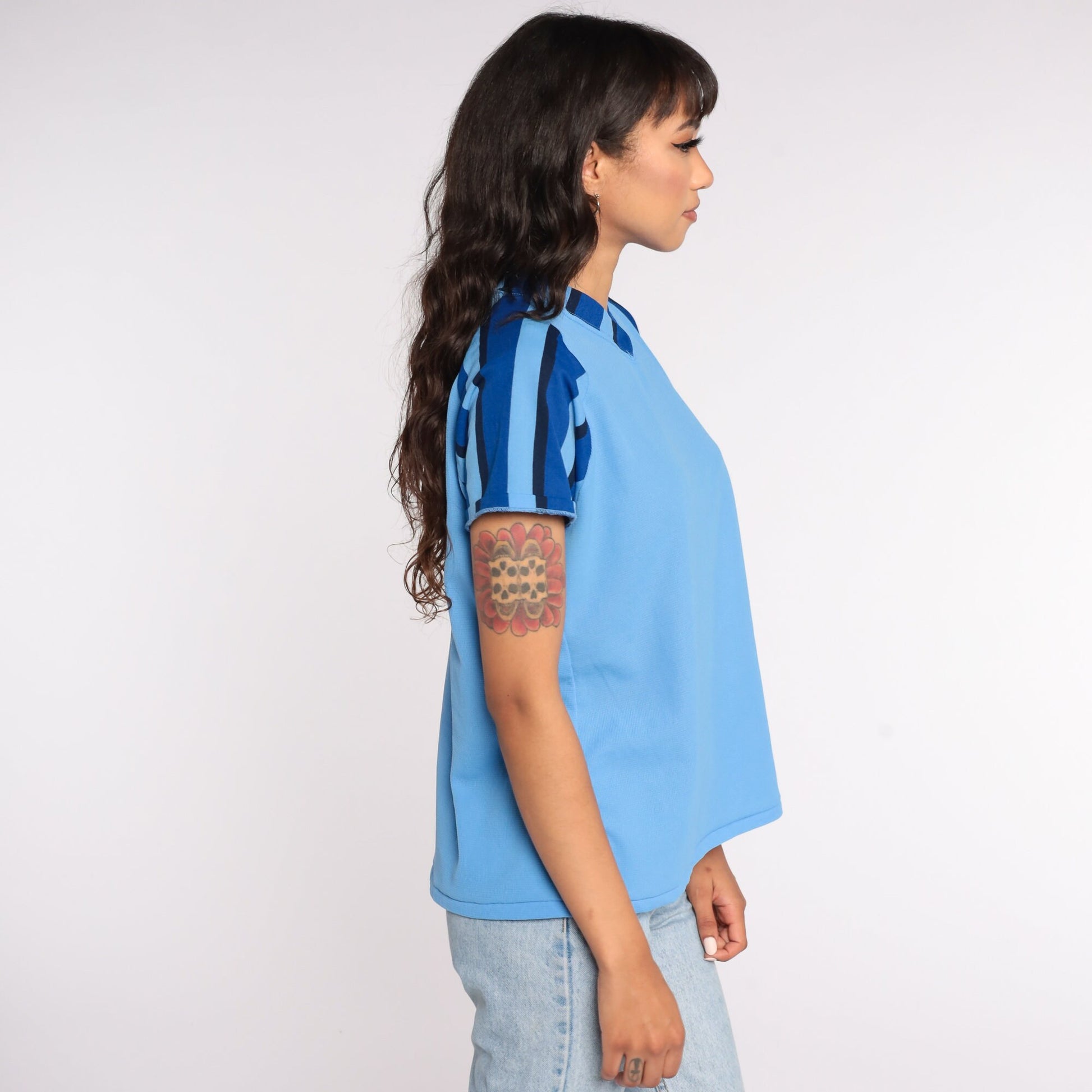 70s Mac-Let Electric Uniform Ringer T-Shirt Baby Blue Raglan Medium Large