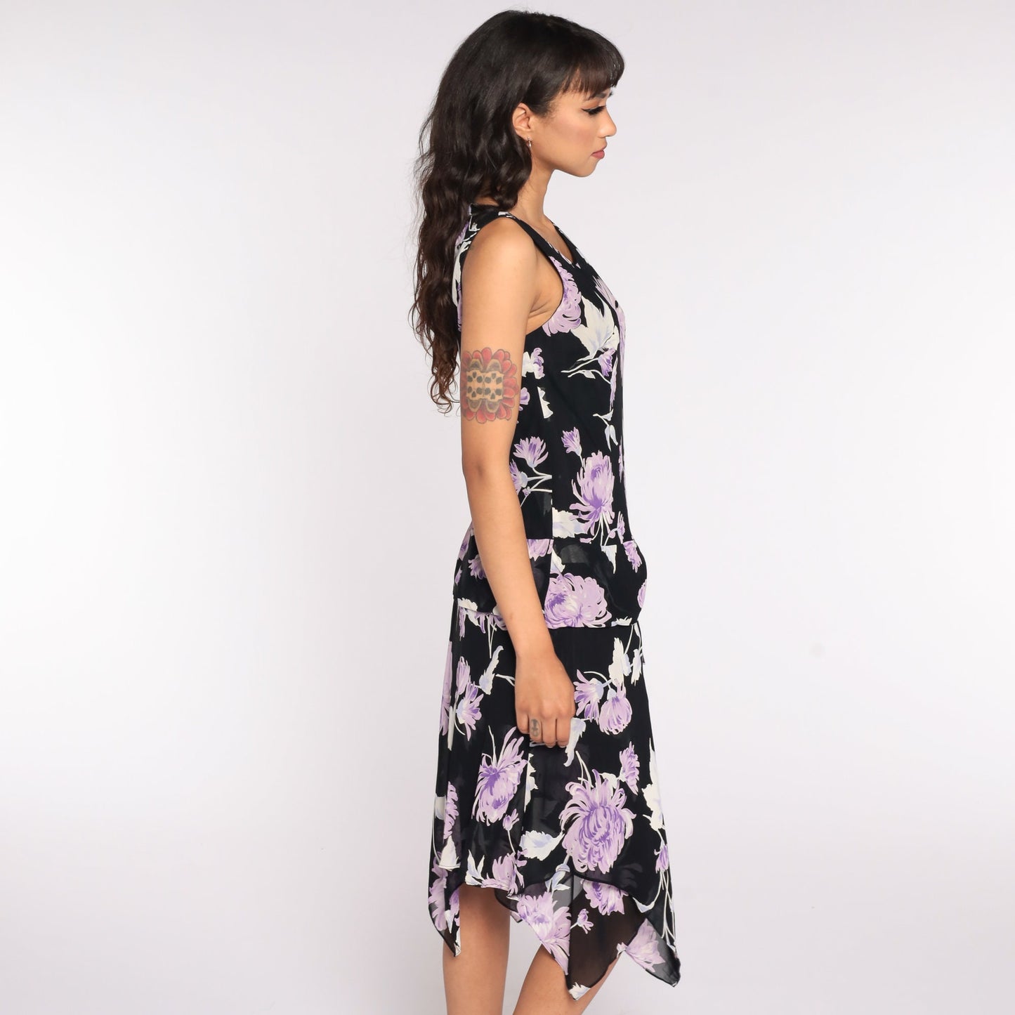 90s Evan Picone Floral High-Low Dress Black Purple Midi Medium