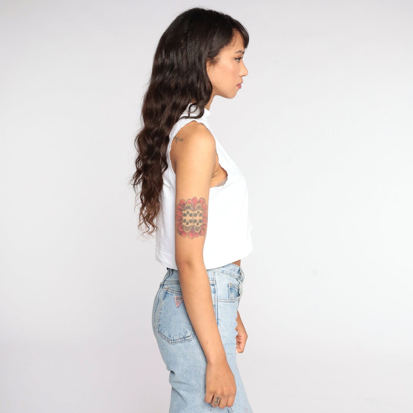 80s White Mock Neck Crop Tank Top Sleeveless Shirt Small