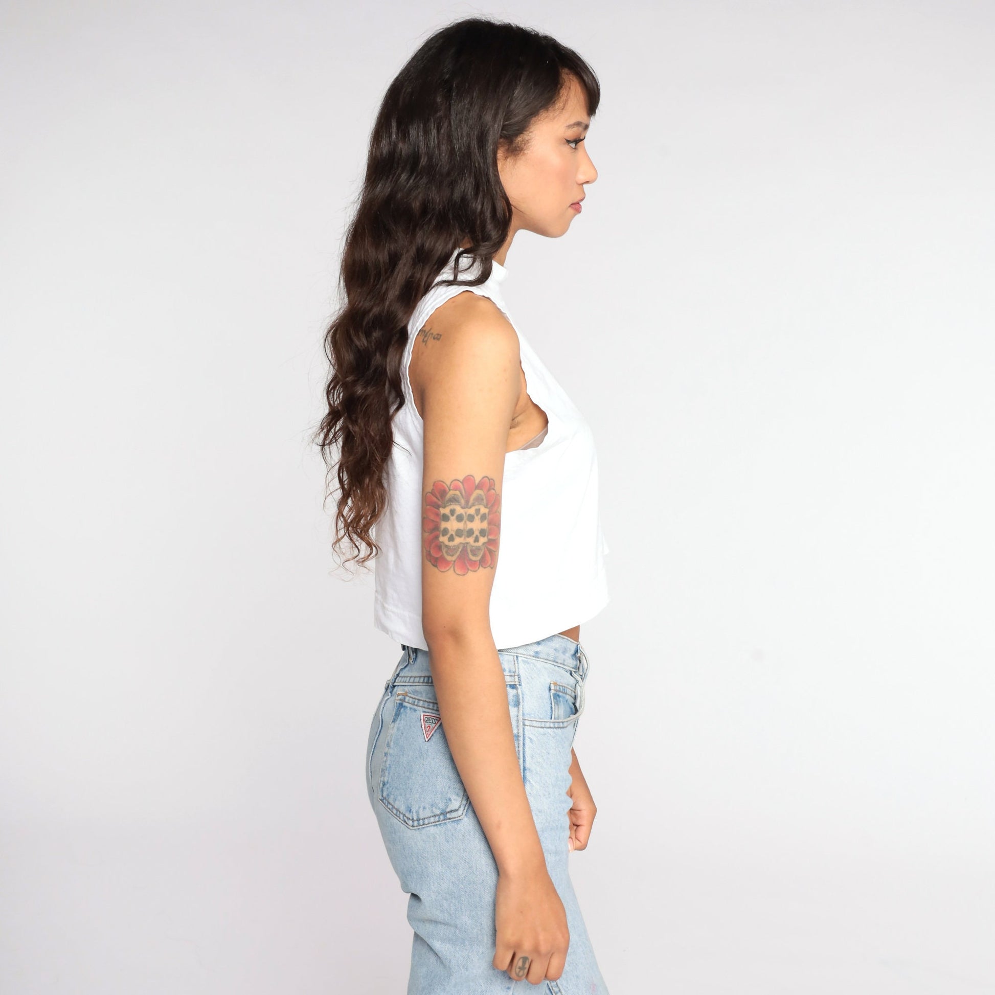 80s White Mock Neck Crop Tank Top Sleeveless Shirt Small