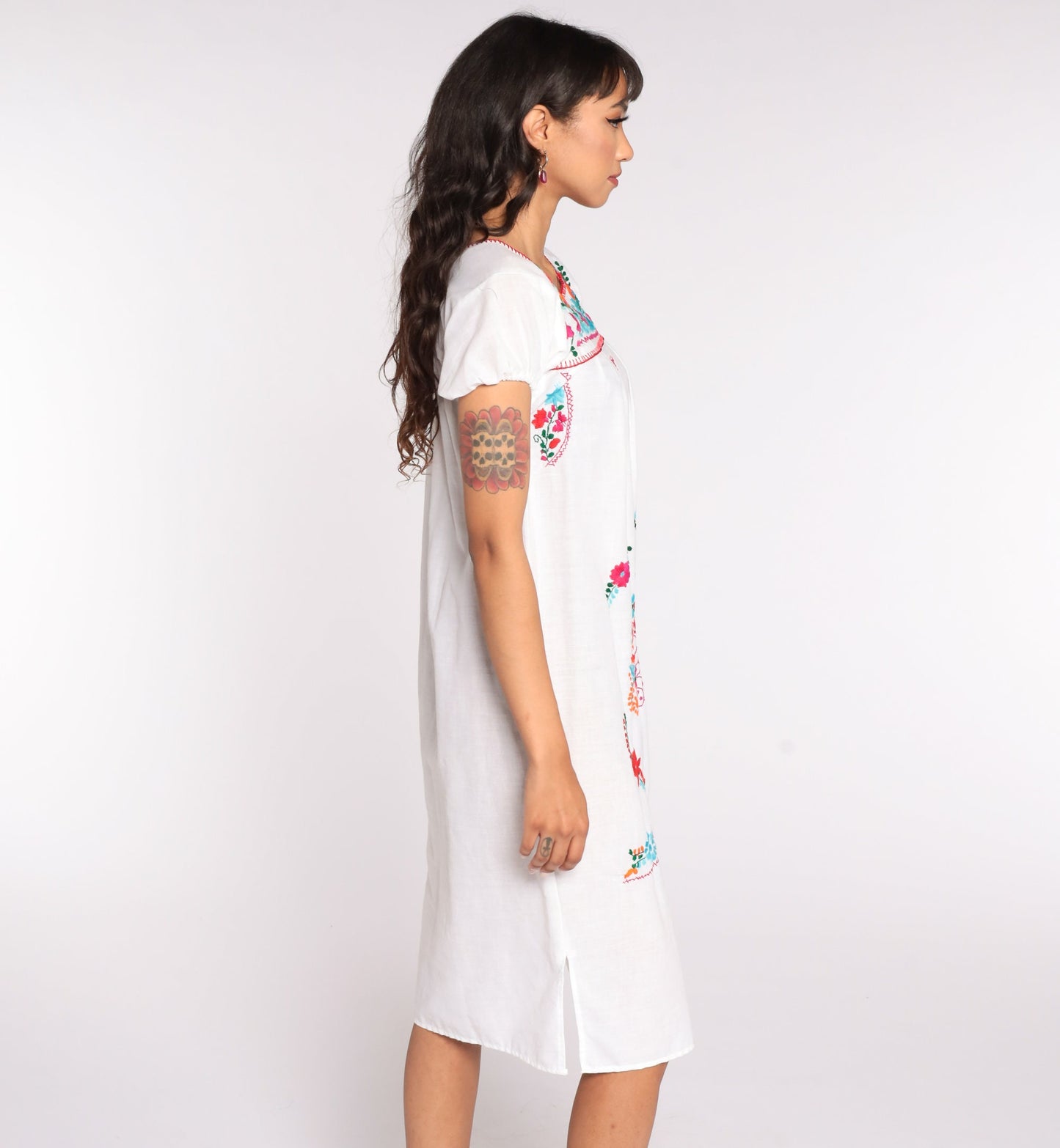 80s Mexican White Cotton Midi Dress Embroidered Puff Sleeve Tunic Small