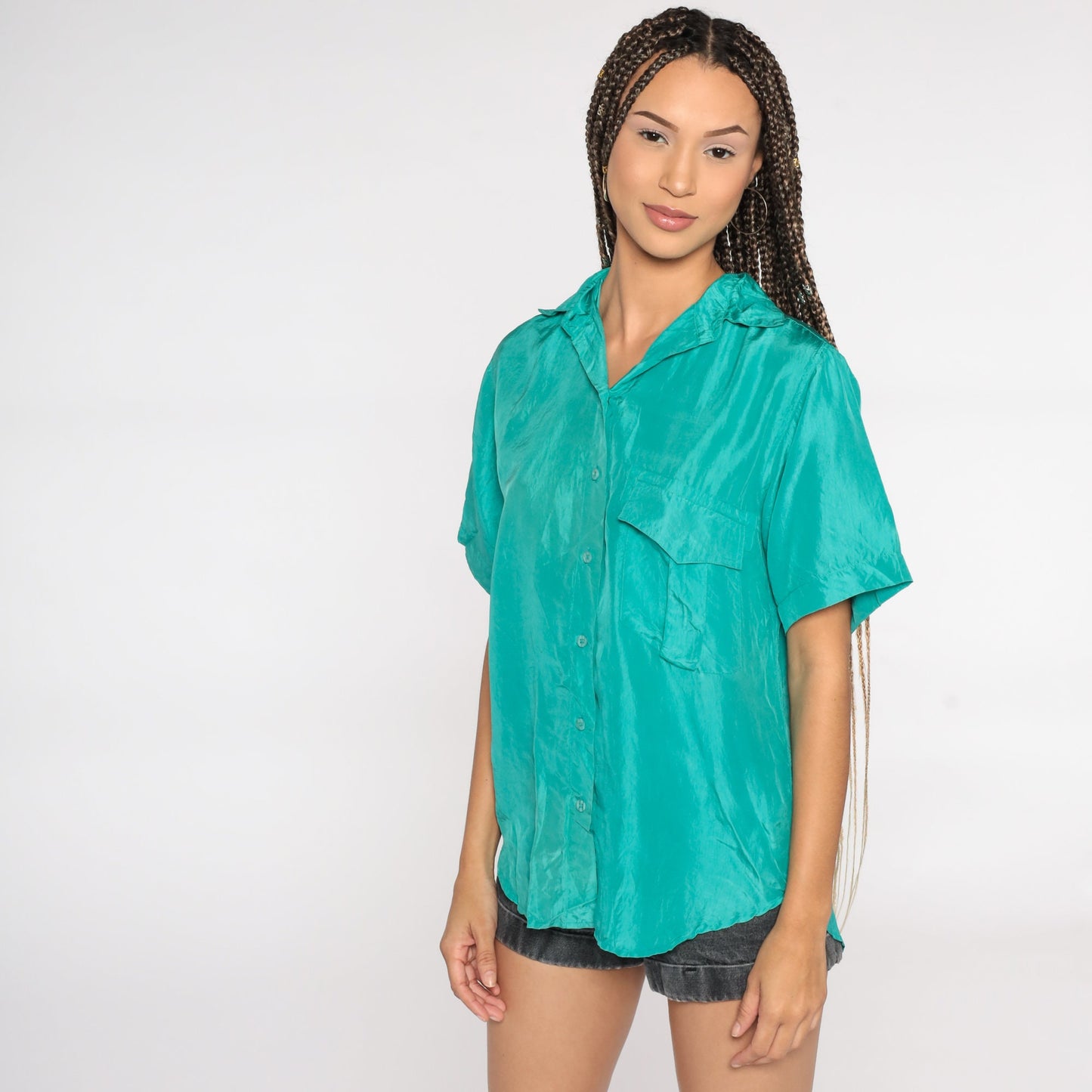 90s Turquoise Silk Button-Up Blouse Short Sleeve Medium