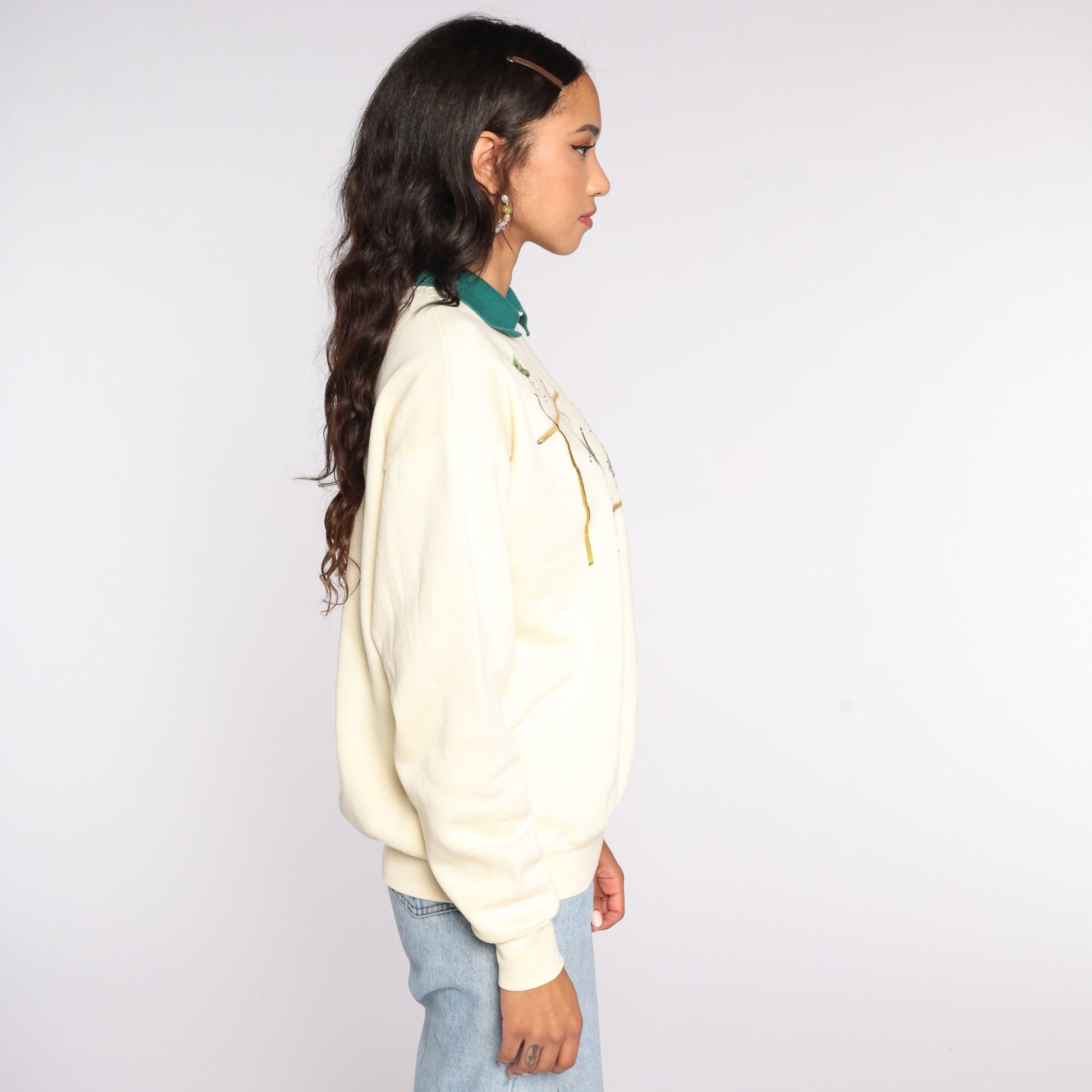 90s Lee Collared Sweatshirt Cream Embroidered Butterfly Dragonfly Medium