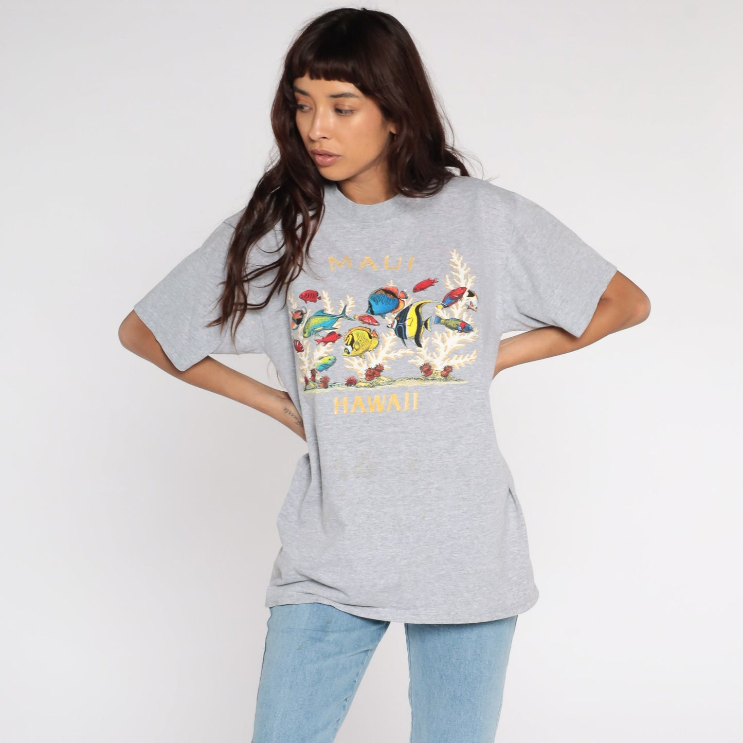 90s Maui Tropical Fish Graphic T-Shirt Grey Large L