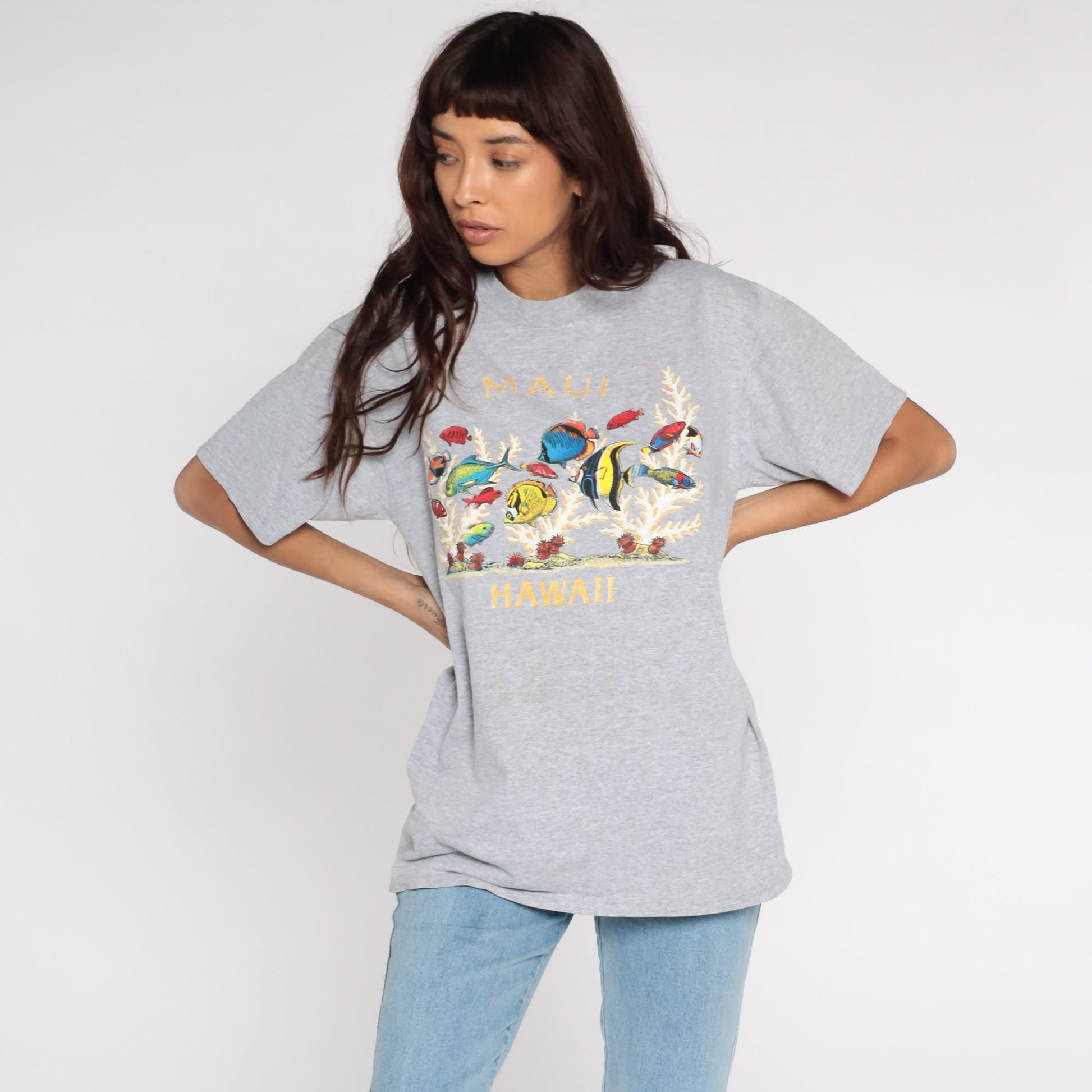 90s Maui Tropical Fish Graphic T-Shirt Grey Large L