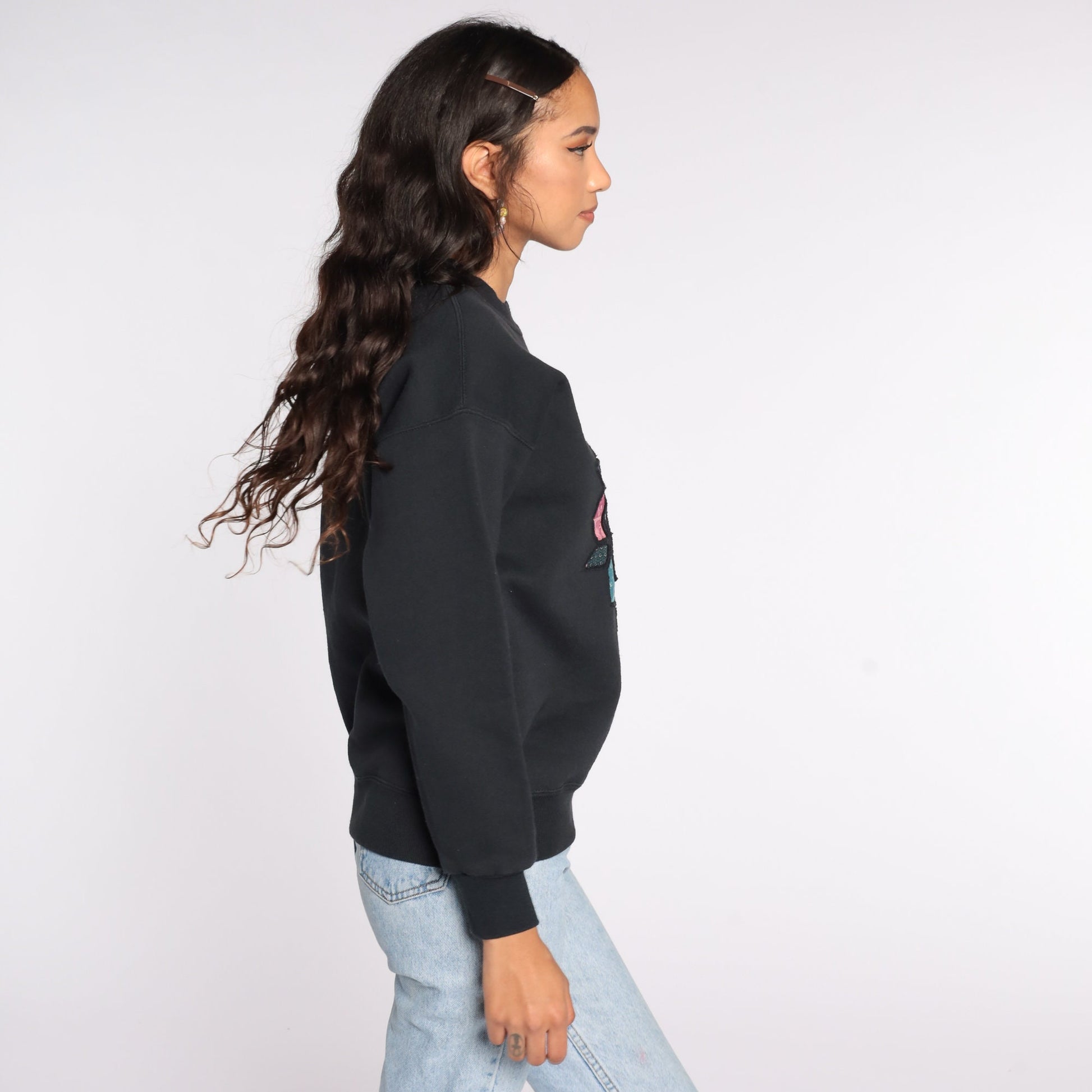 80s Mandala Geometric Print Sweatshirt Black Crewneck Pullover Medium