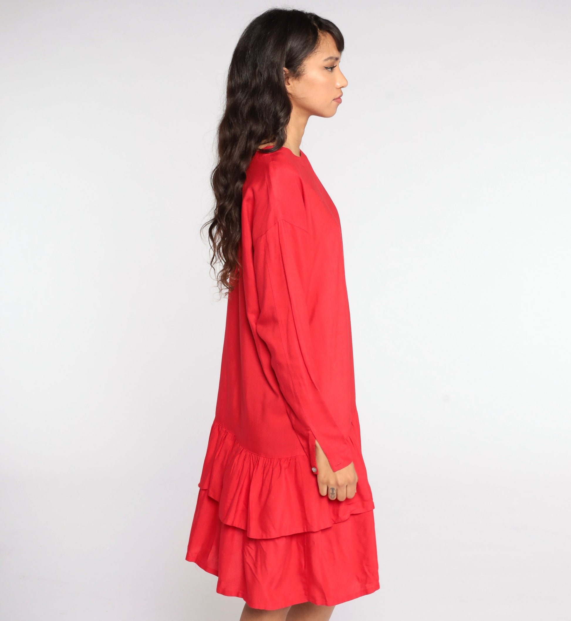 80s Red Tiered Midi Dress Drop Waist Shift Flounce Long Sleeve Medium