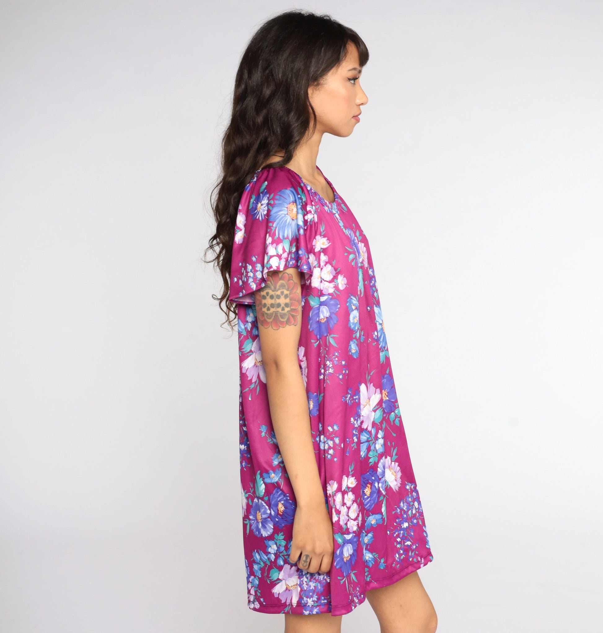 70s Purple Floral Mini Dress Tent Cut Short Sleeve Large