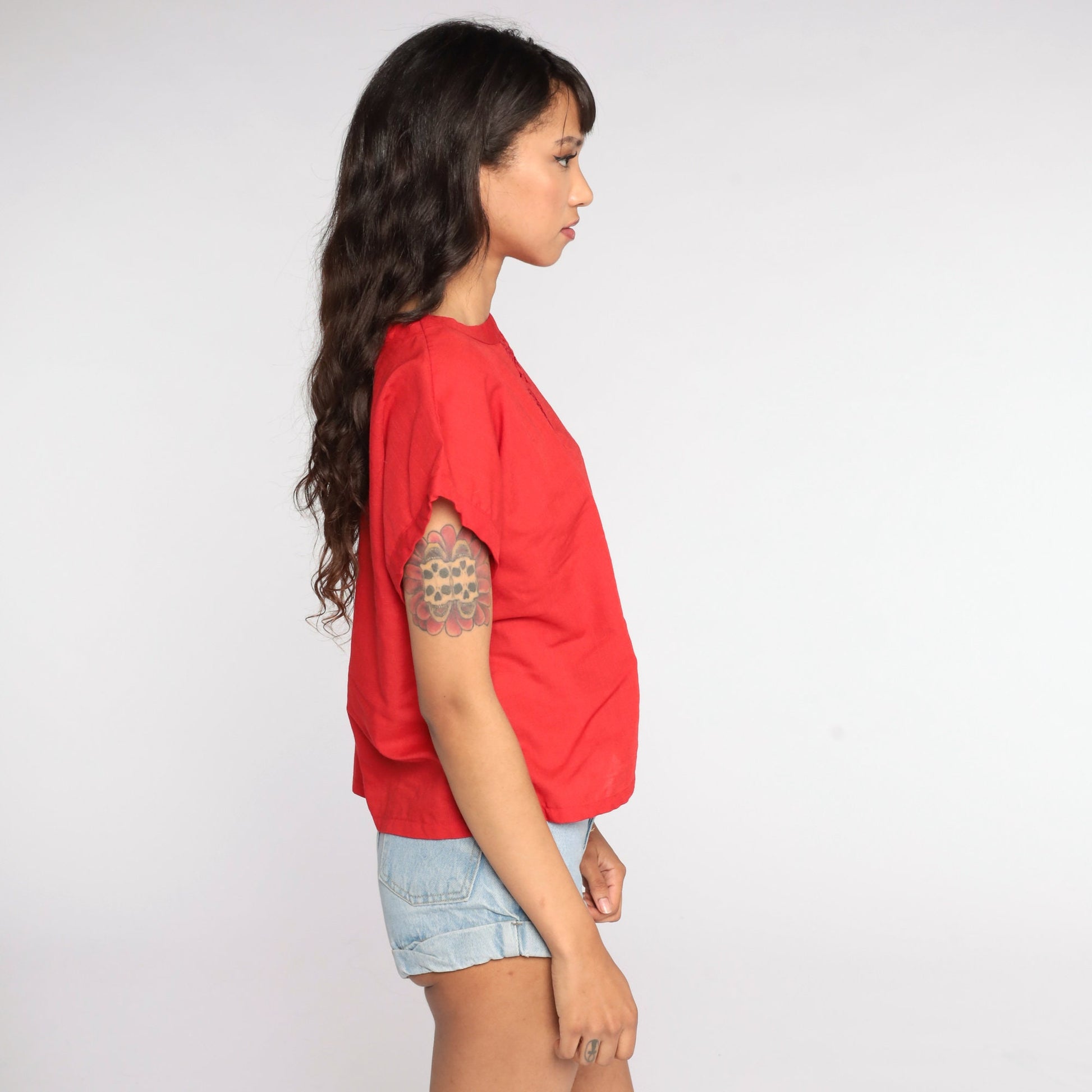80s Red Embroidered Cutwork Blouse Short Sleeve Cutout Top Large L
