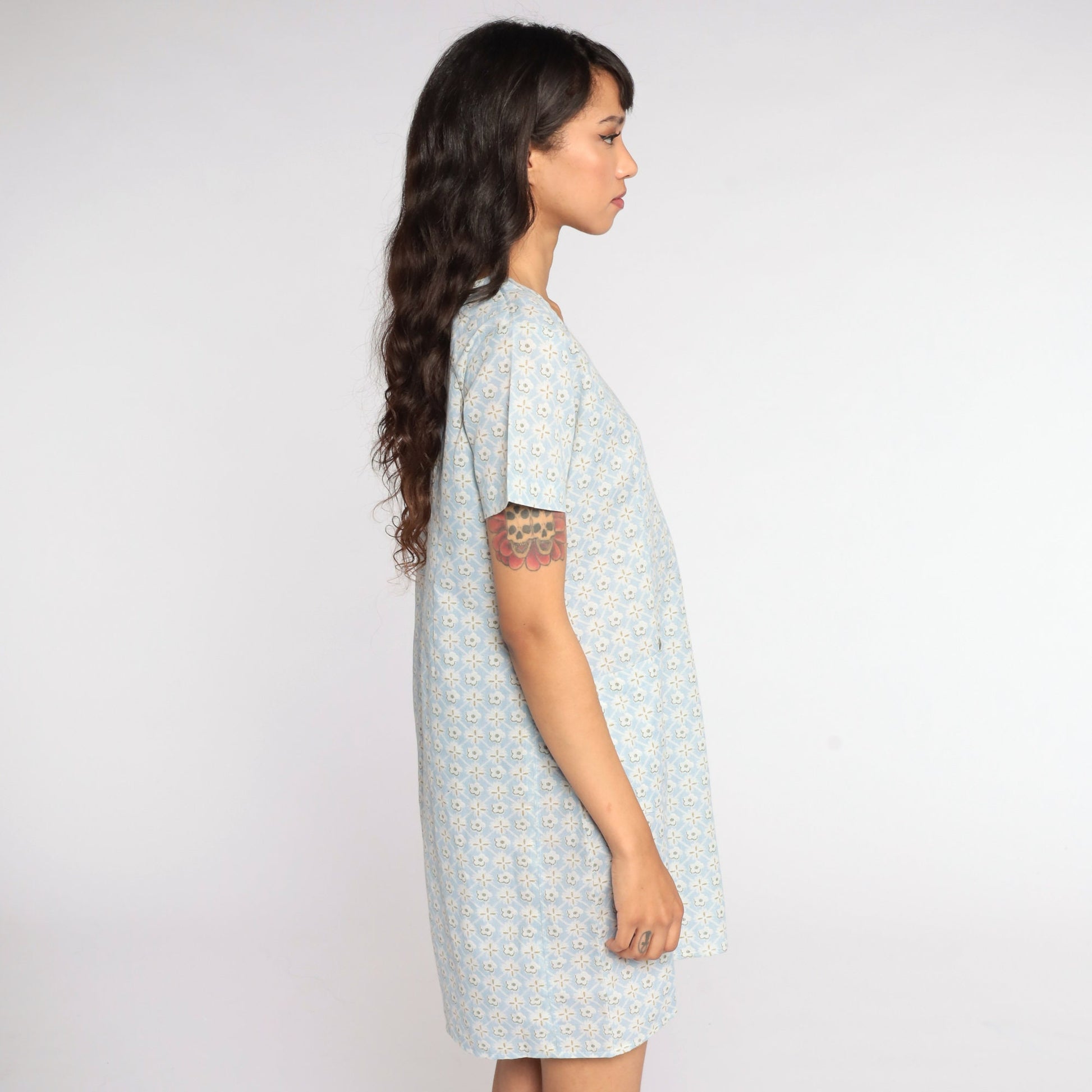 90s Baby Blue Floral Mini Dress Shift Short Sleeve Medium
