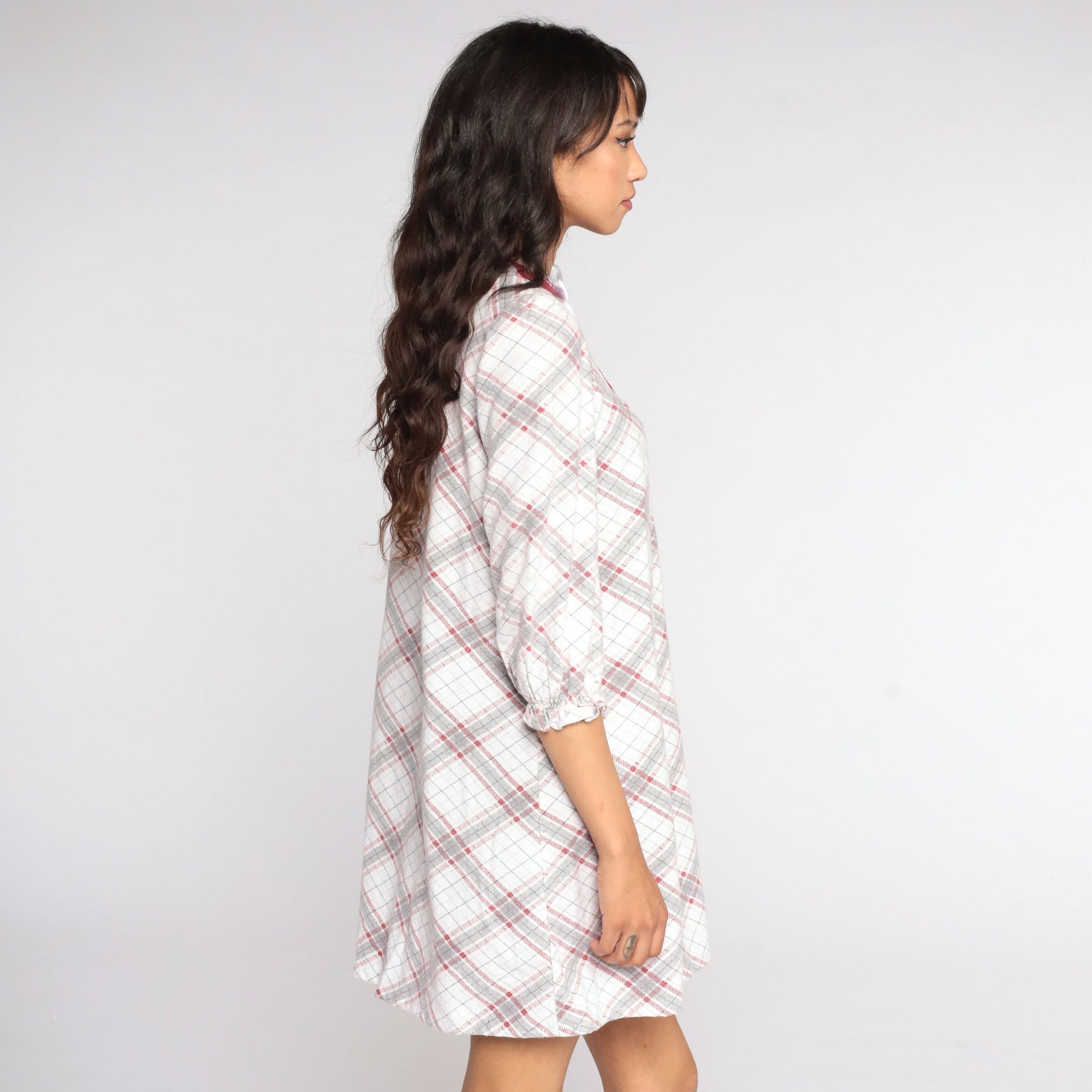 80s White Plaid Pajama Dress Bib Bow Cotton Nightgown Small