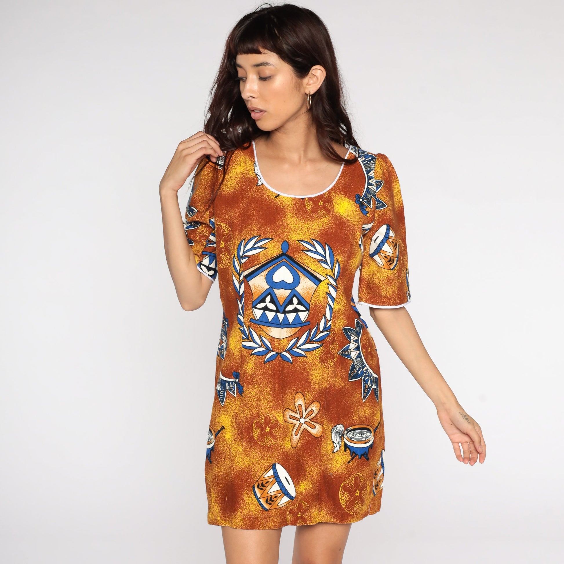 90s Drum Print Mini Dress Puff Sleeve Shift Brown Yellow Cotton Medium