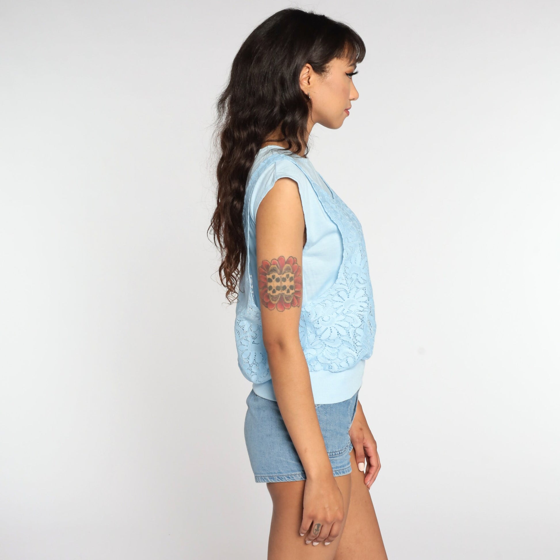 80s Baby Blue Lace Cap Sleeve Blouse with Attached Tank Small