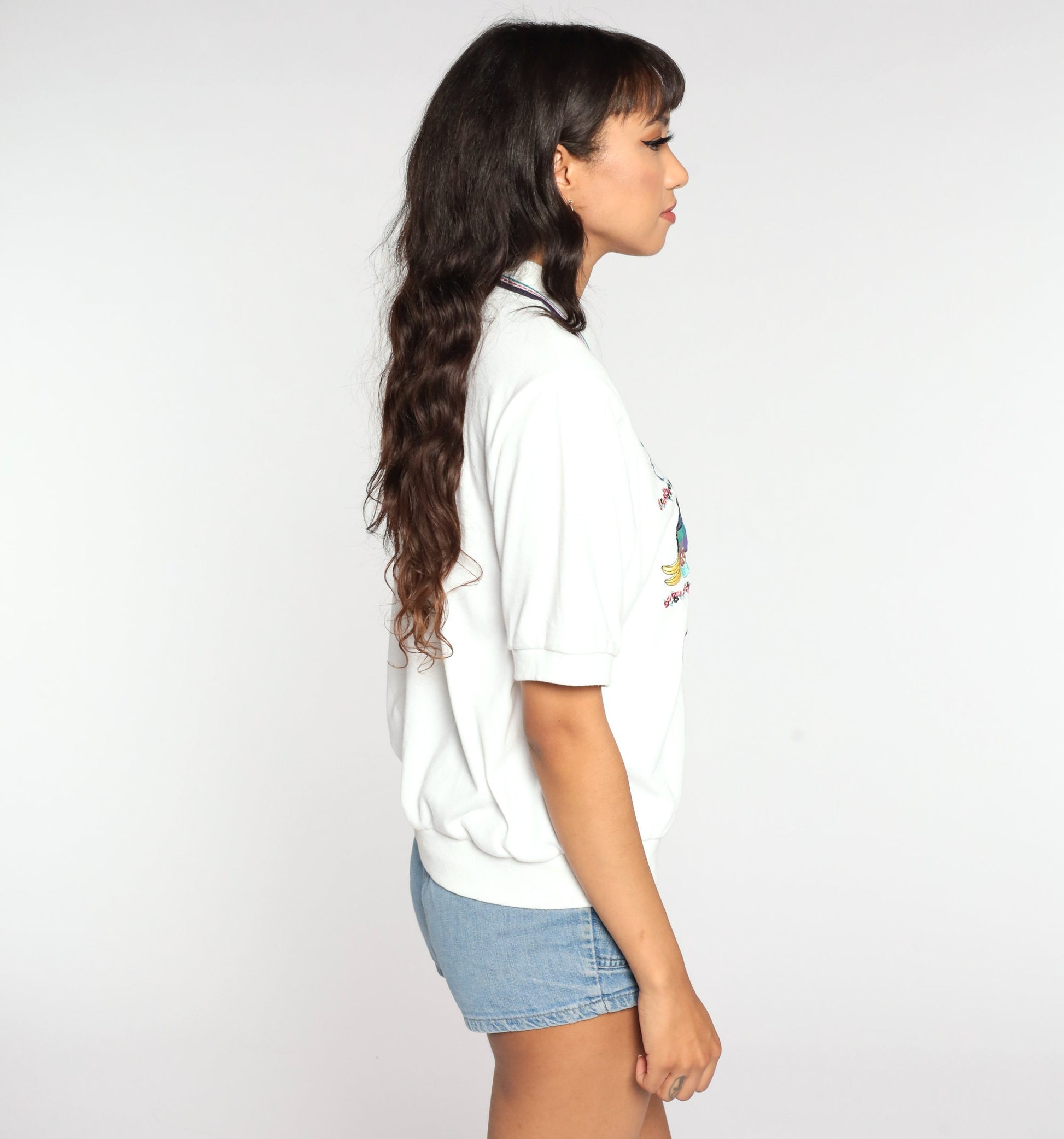 80s Alfred Dunner Picnic Blouse White Novelty Print Short Sleeve Large