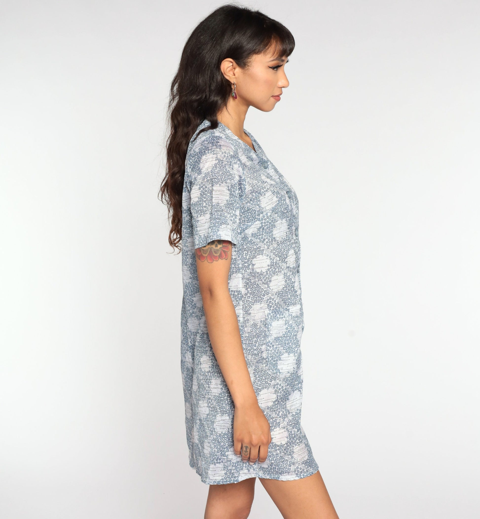 70s Mod Mini Shift Dress Cloud Print Button-Up Grey Medium