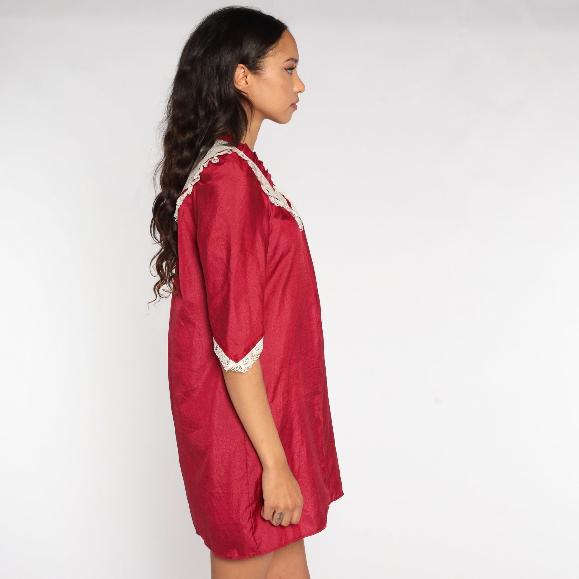 70s Burgundy Tent Dress White Lace Bib Puff Sleeve Mini Small