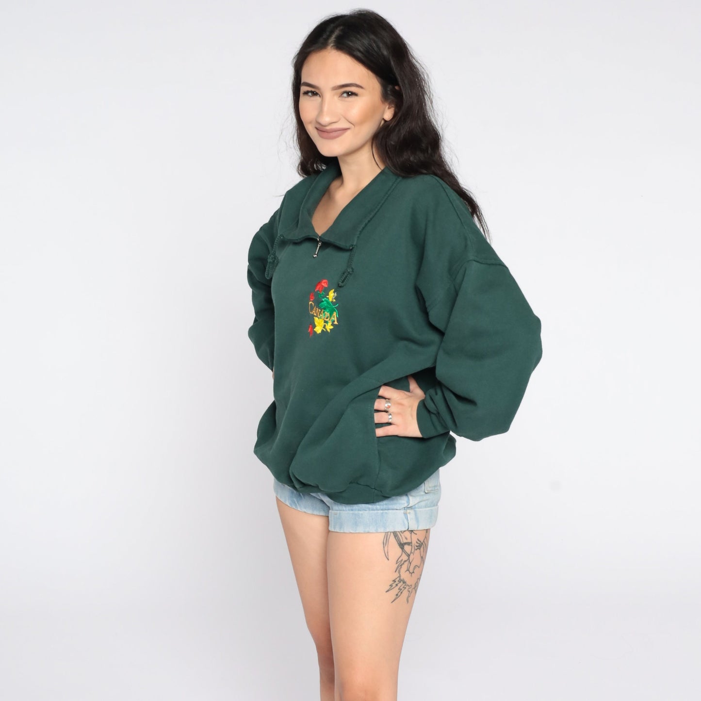 90s Canada Quarter Zip Sweatshirt Green Graphic Pullover Large L