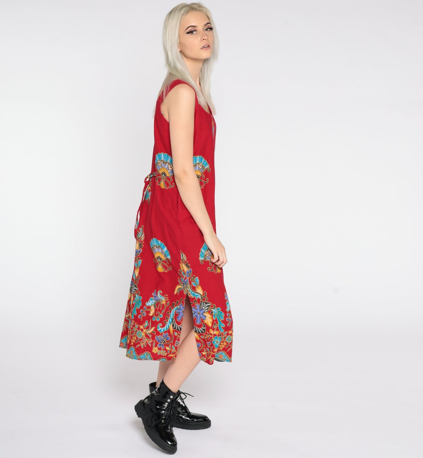 90s Red Floral Midi Dress Sleeveless Sheath Sundress Small