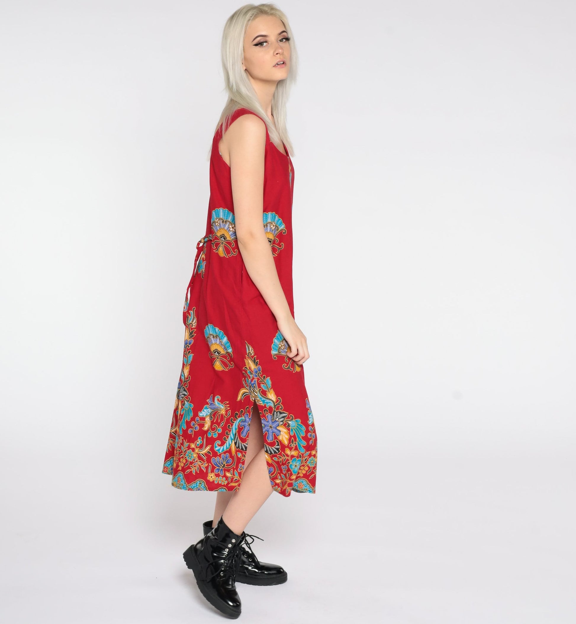 90s Red Floral Midi Dress Sleeveless Sheath Sundress Small